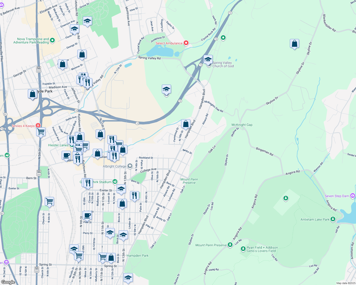 map of restaurants, bars, coffee shops, grocery stores, and more near 2120 North 18th Street in Reading