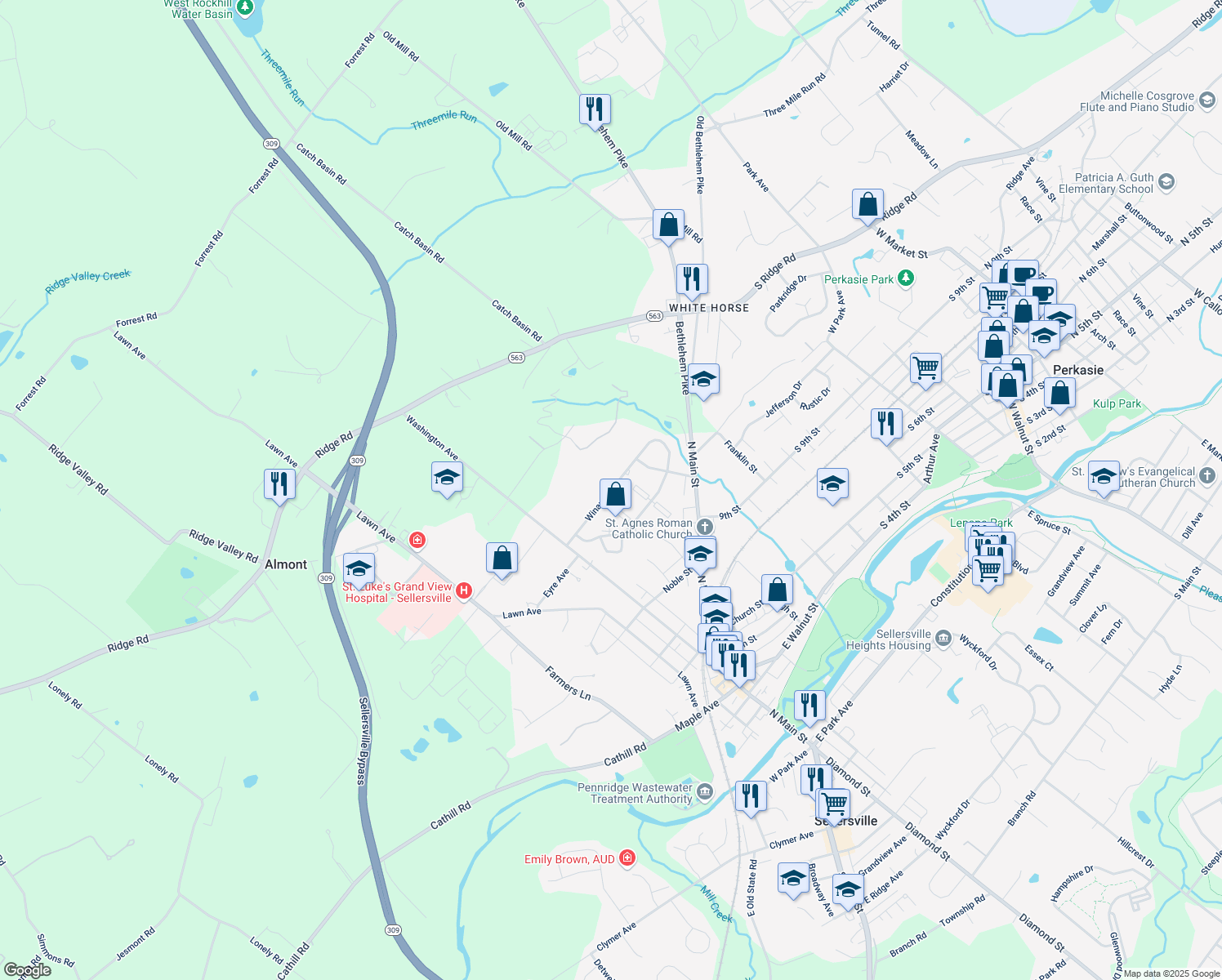 map of restaurants, bars, coffee shops, grocery stores, and more near 90 Winard Avenue in Sellersville
