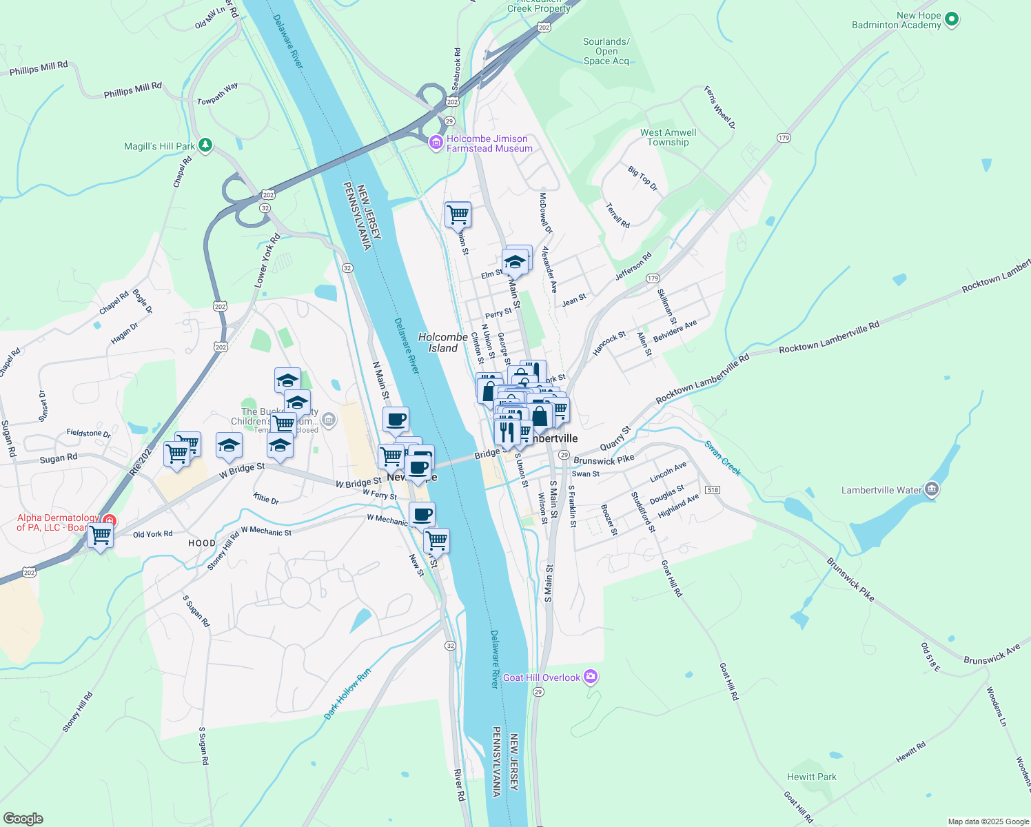 map of restaurants, bars, coffee shops, grocery stores, and more near 33 Coryell Street in Lambertville