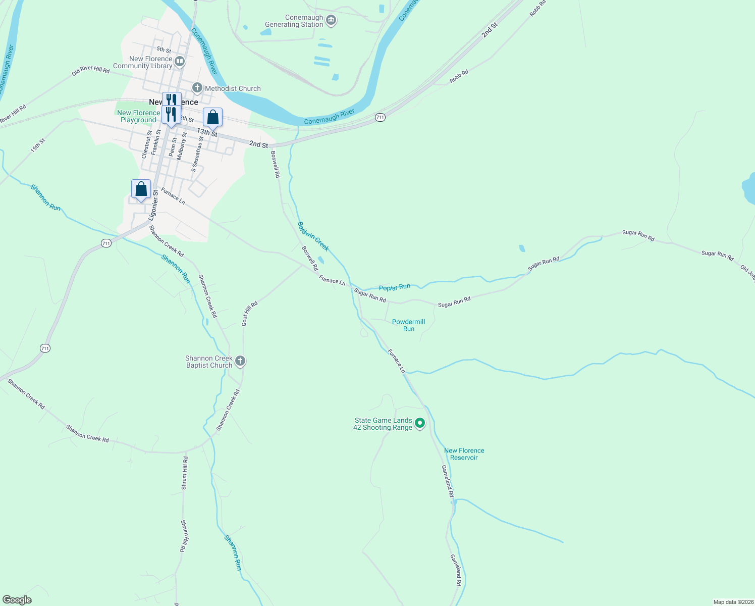 map of restaurants, bars, coffee shops, grocery stores, and more near 421 Sugar Run Road in New Florence