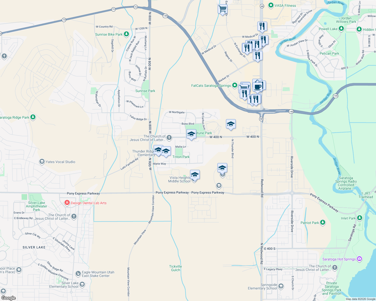 map of restaurants, bars, coffee shops, grocery stores, and more near 516 Natalie Way in Saratoga Springs