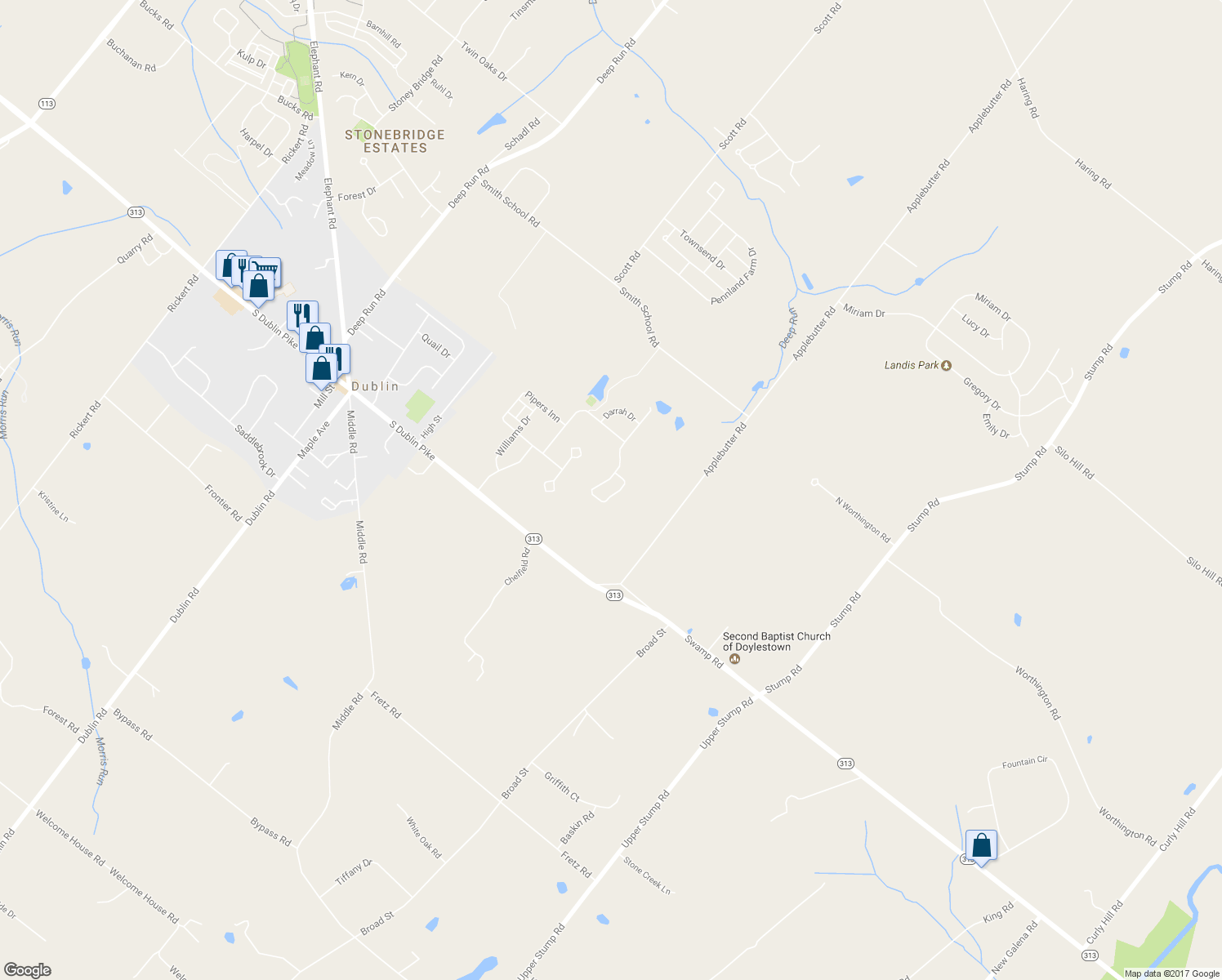 map of restaurants, bars, coffee shops, grocery stores, and more near 307 West Armstrong Drive in Fountainville