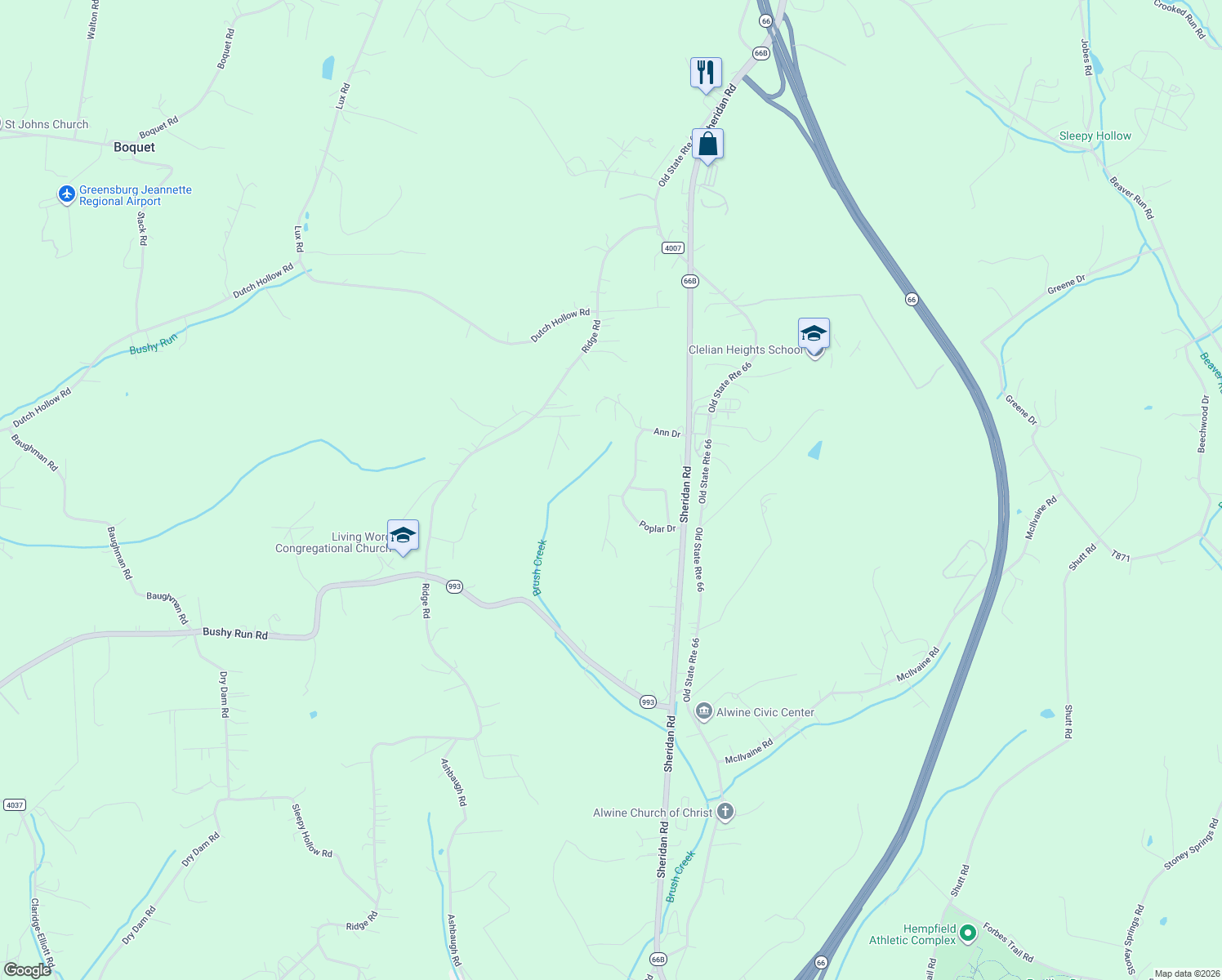 map of restaurants, bars, coffee shops, grocery stores, and more near 553 Poplar Drive in Greensburg