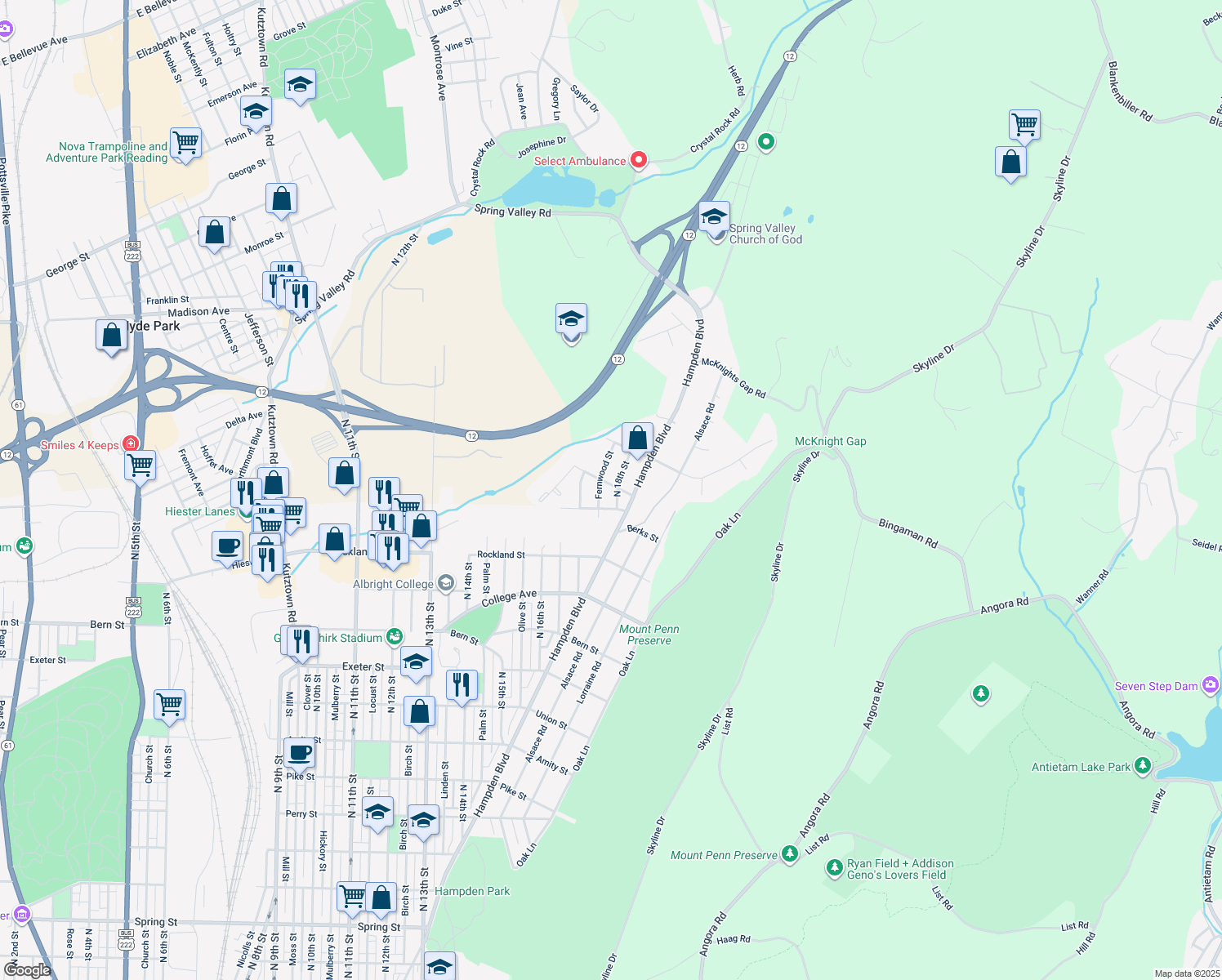 map of restaurants, bars, coffee shops, grocery stores, and more near 2126 N 18th St in Reading
