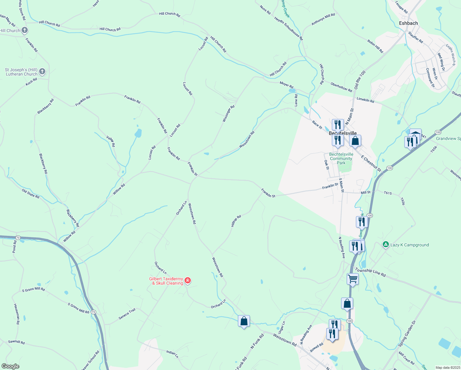 map of restaurants, bars, coffee shops, grocery stores, and more near Franklin Road in Bechtelsville