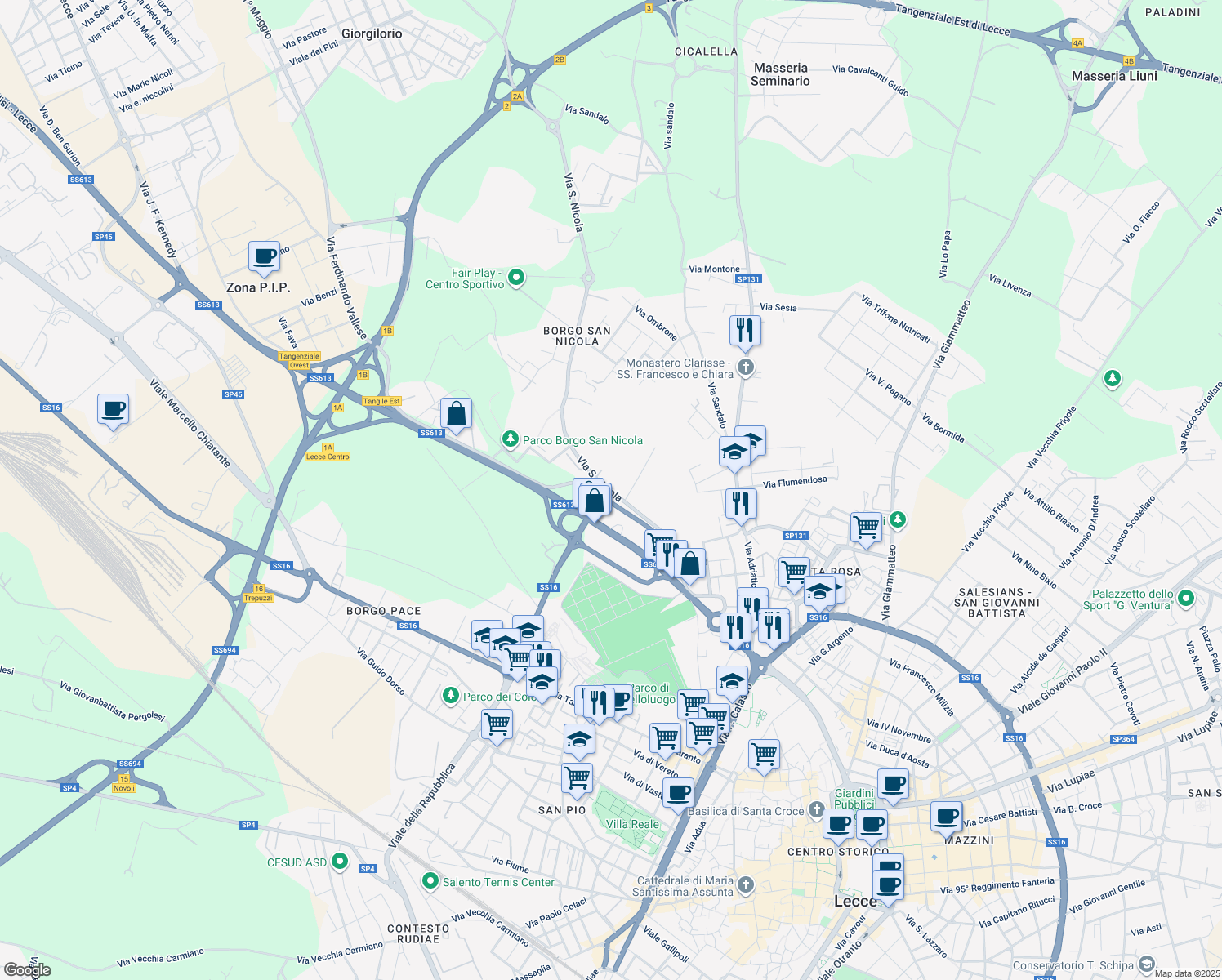 map of restaurants, bars, coffee shops, grocery stores, and more near 13 Via San Nicola in Lecce