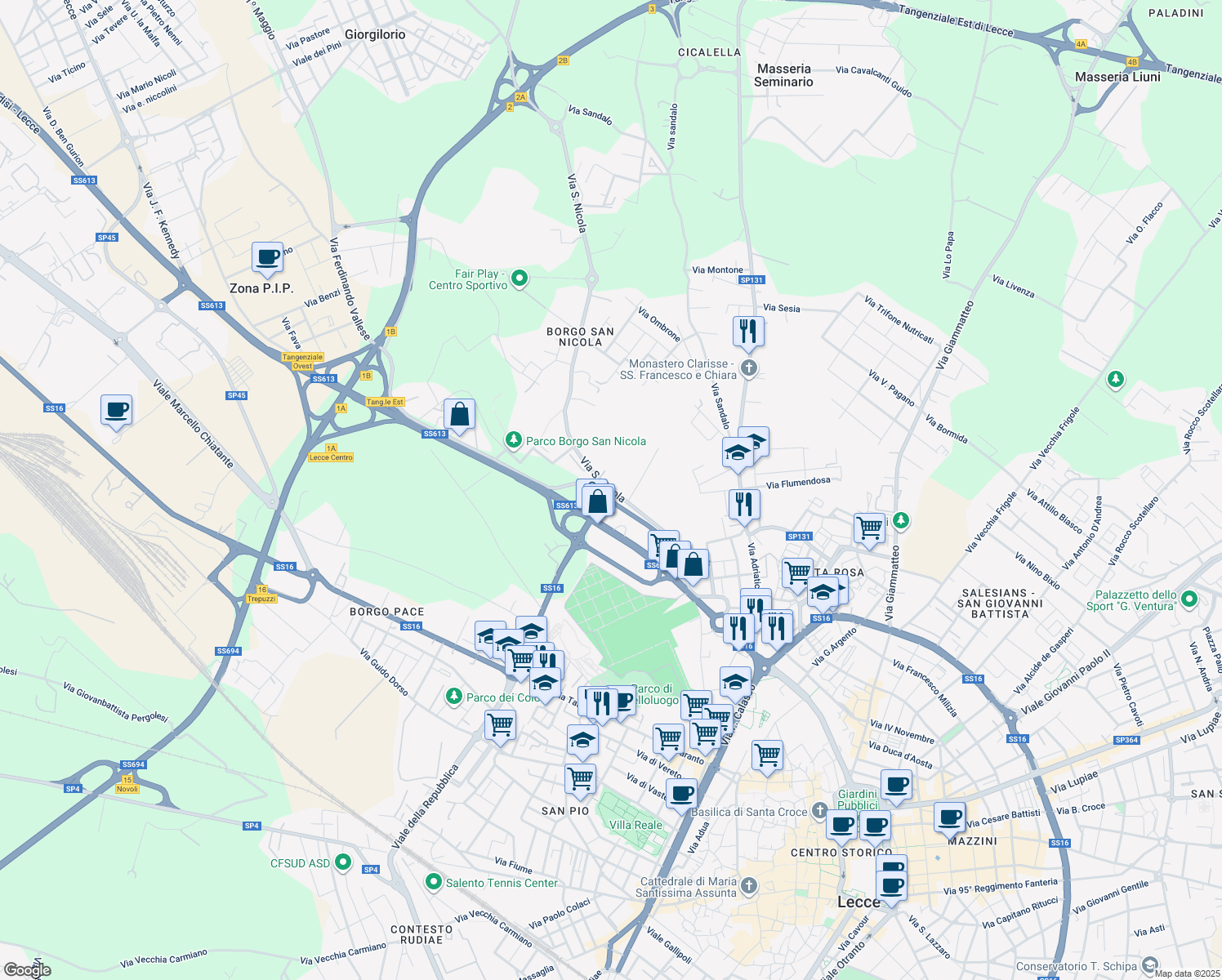 map of restaurants, bars, coffee shops, grocery stores, and more near 13 Via San Nicola in Lecce
