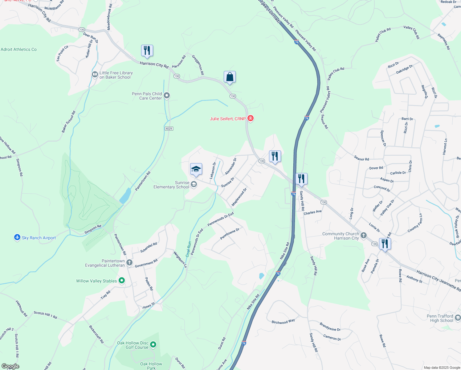 map of restaurants, bars, coffee shops, grocery stores, and more near 133 Sunrise Dr in Irwin
