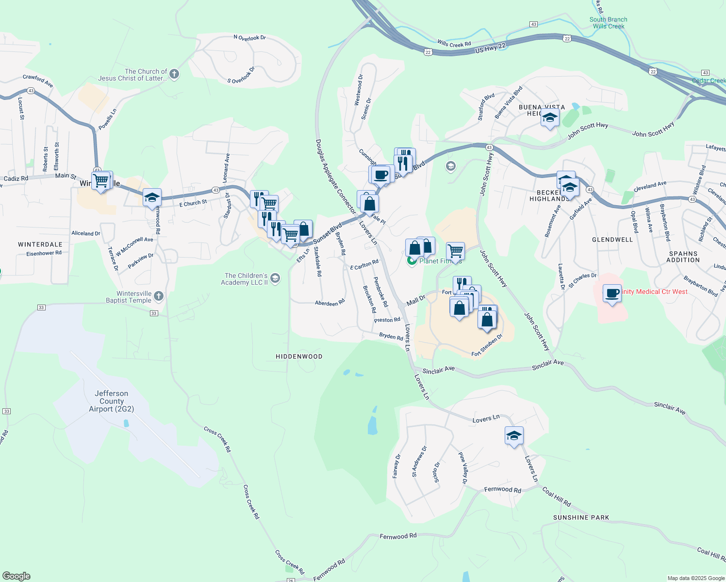 map of restaurants, bars, coffee shops, grocery stores, and more near 133 Brockton Road in Steubenville