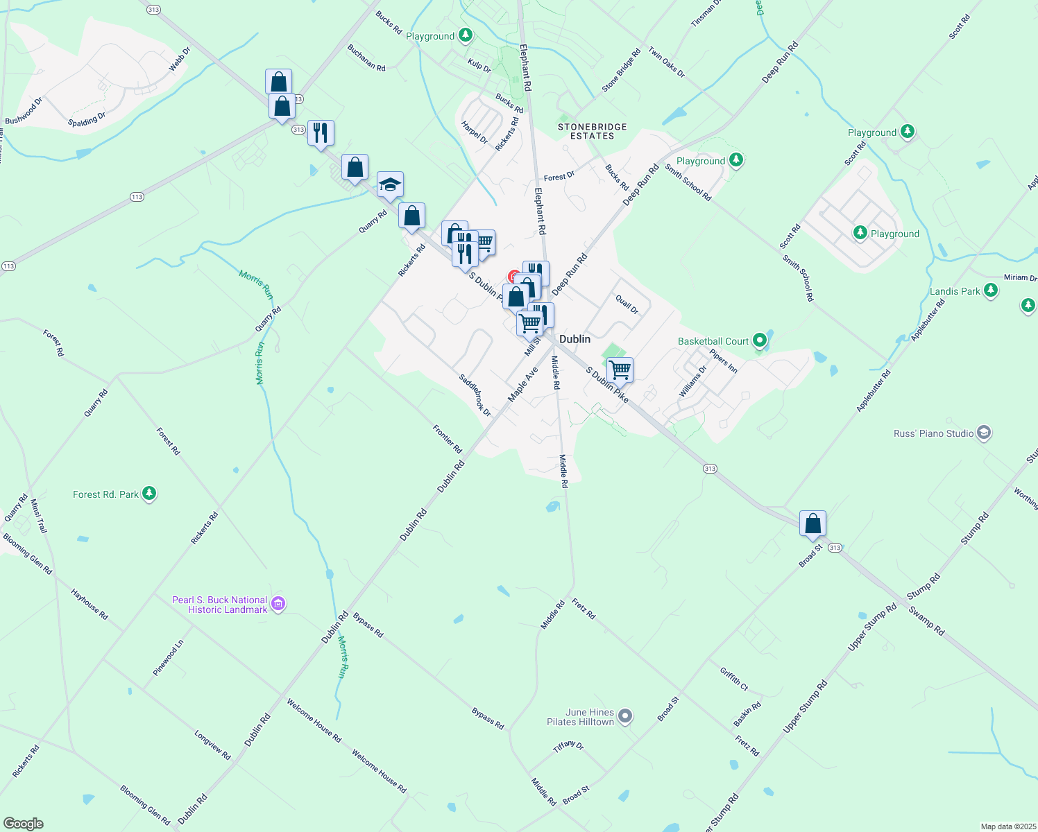 map of restaurants, bars, coffee shops, grocery stores, and more near 151 Maple Avenue in Dublin