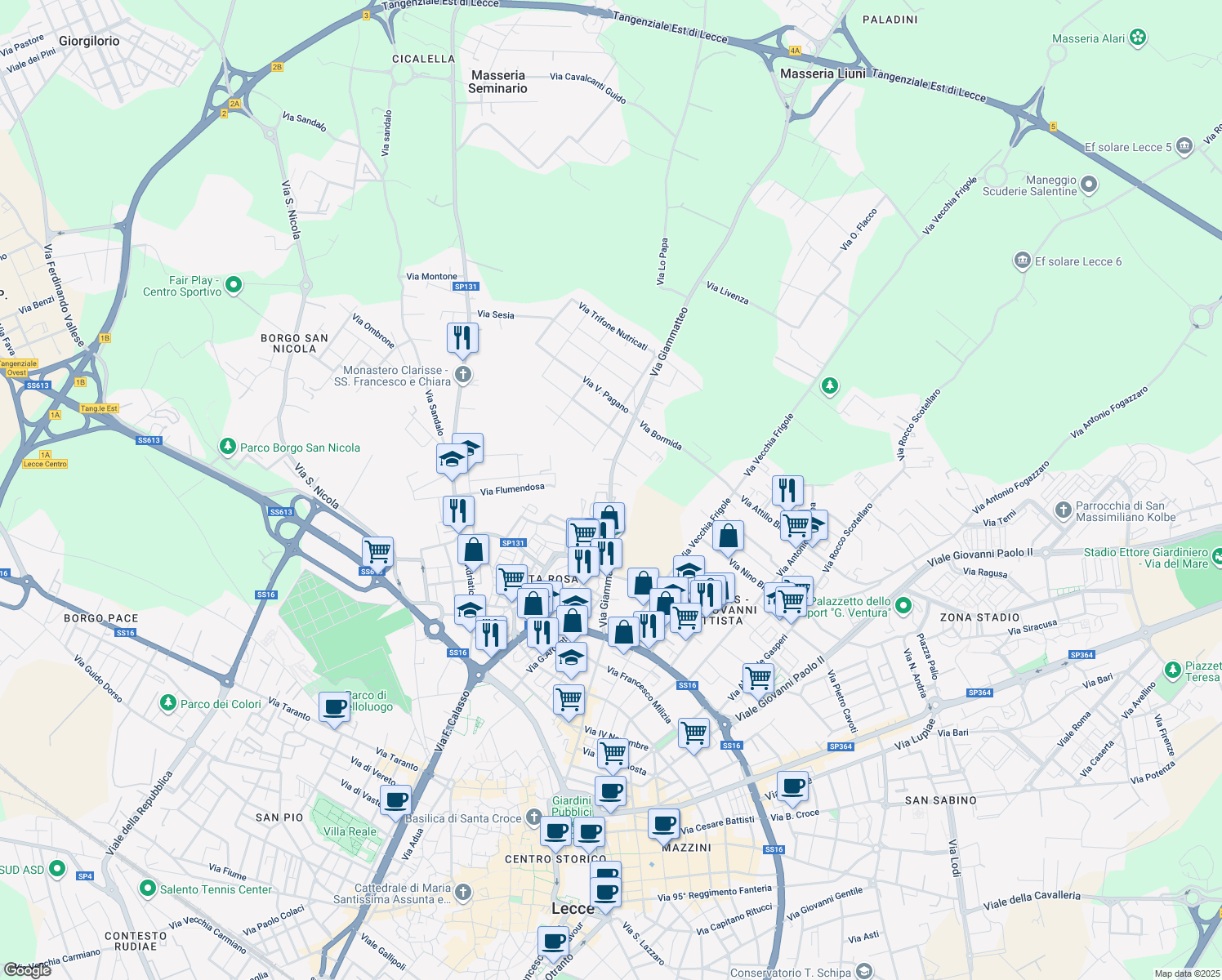 map of restaurants, bars, coffee shops, grocery stores, and more near 39 Via Giammatteo in Lecce