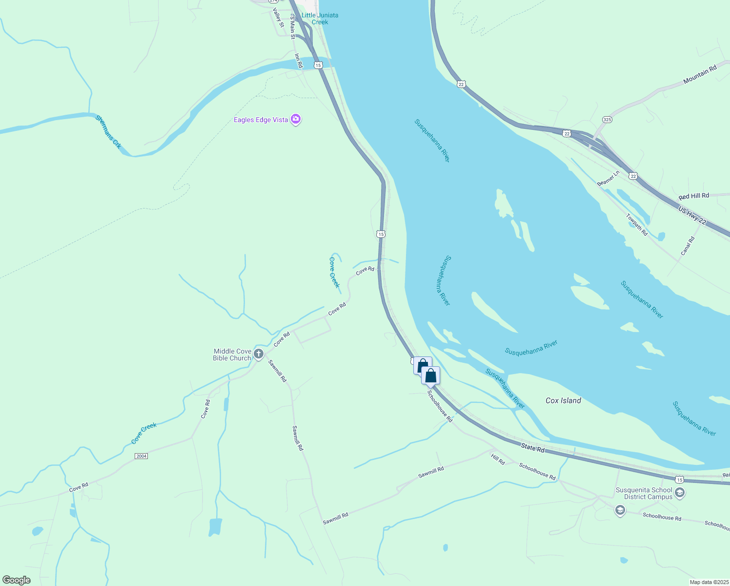 map of restaurants, bars, coffee shops, grocery stores, and more near 25 Cove Rd in Duncannon