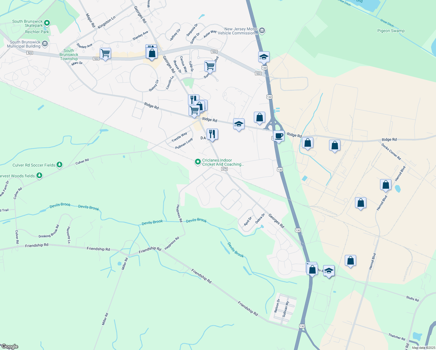 map of restaurants, bars, coffee shops, grocery stores, and more near 29 Liberty Drive in South Brunswick Township