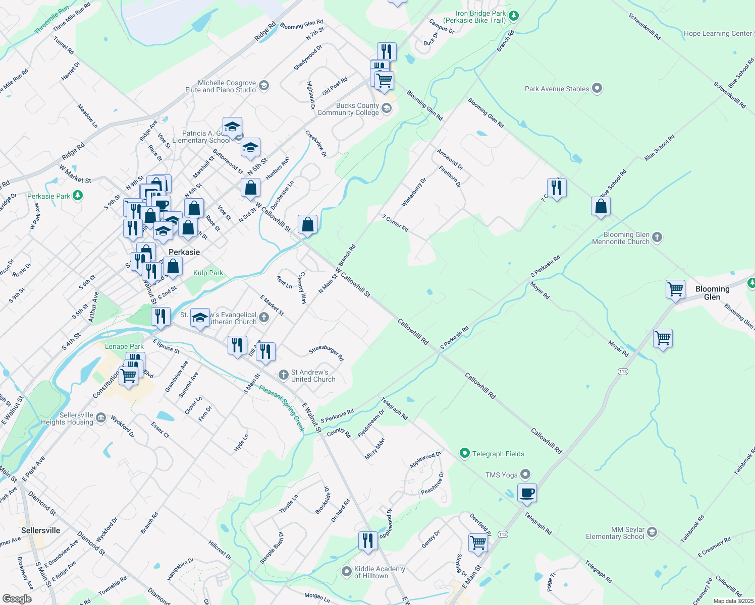 map of restaurants, bars, coffee shops, grocery stores, and more near 545 East Callowhill Street in Perkasie