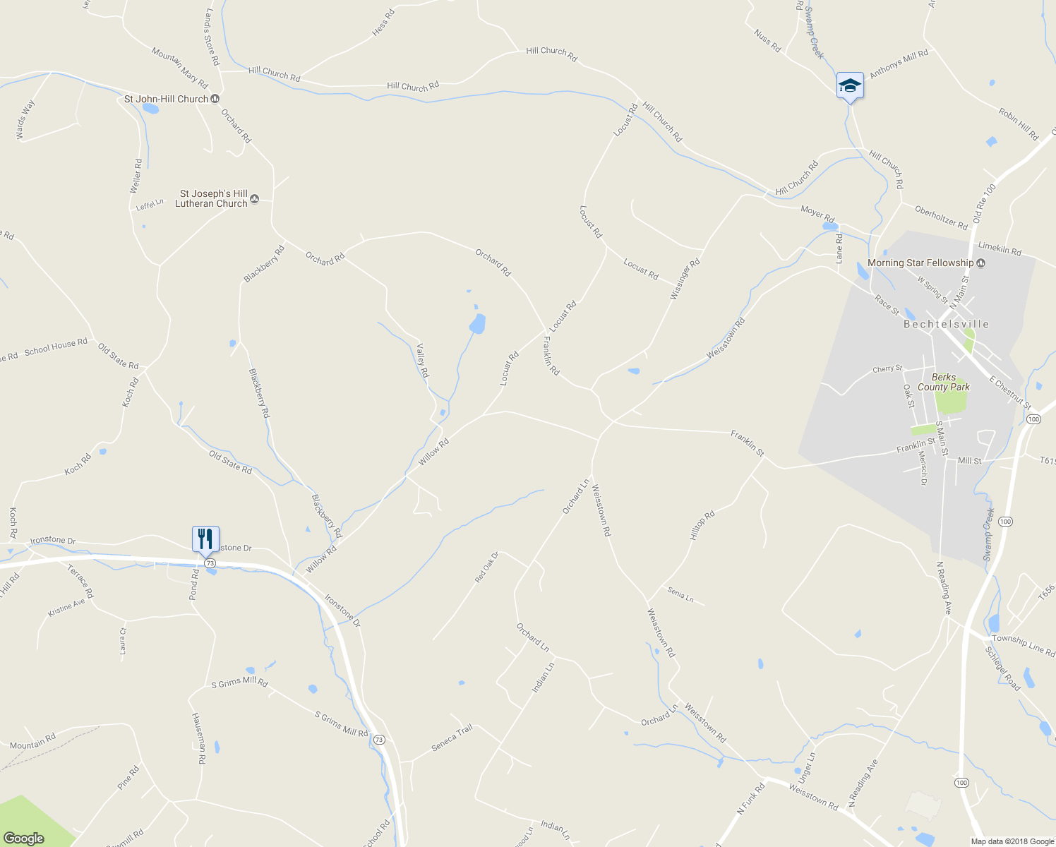 map of restaurants, bars, coffee shops, grocery stores, and more near 492 Willow Road in Boyertown