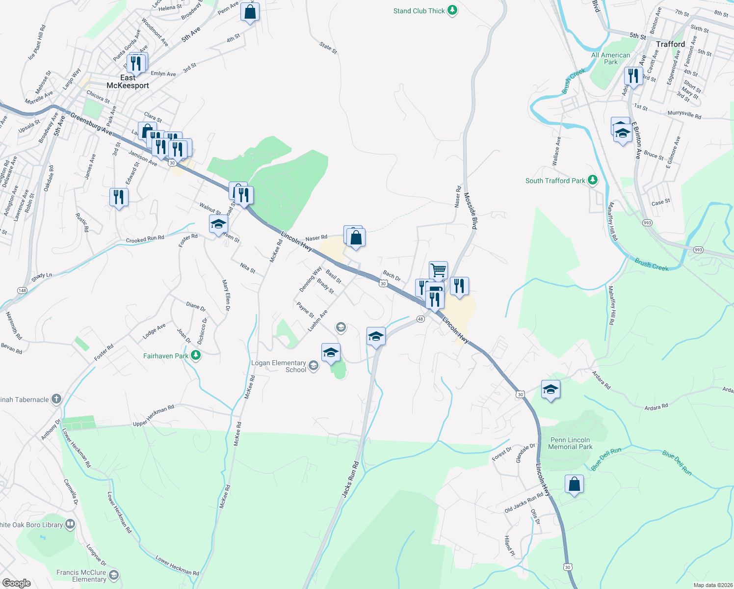 map of restaurants, bars, coffee shops, grocery stores, and more near 1807 Howell St in North Versailles