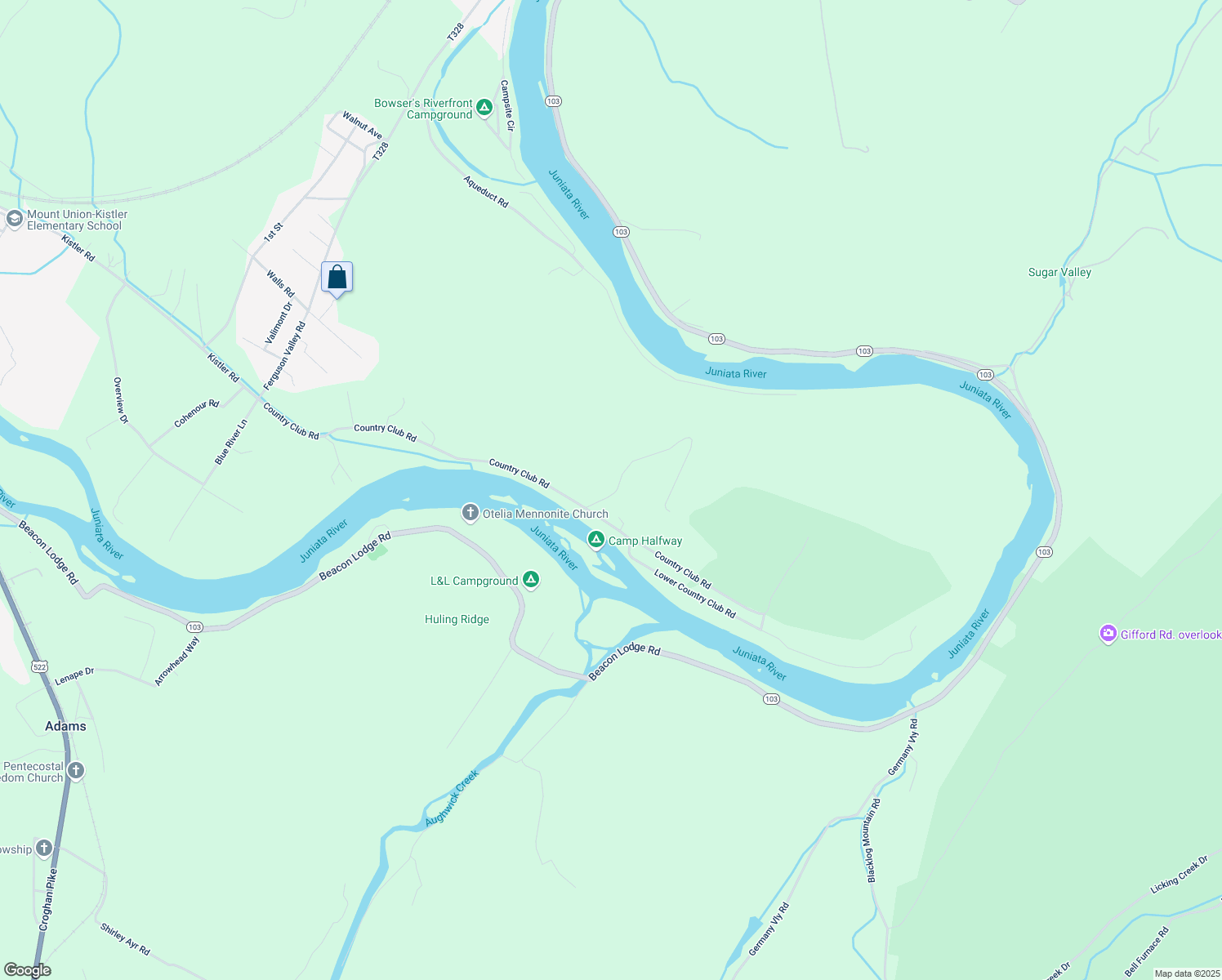 map of restaurants, bars, coffee shops, grocery stores, and more near Dale Road in Mifflin County
