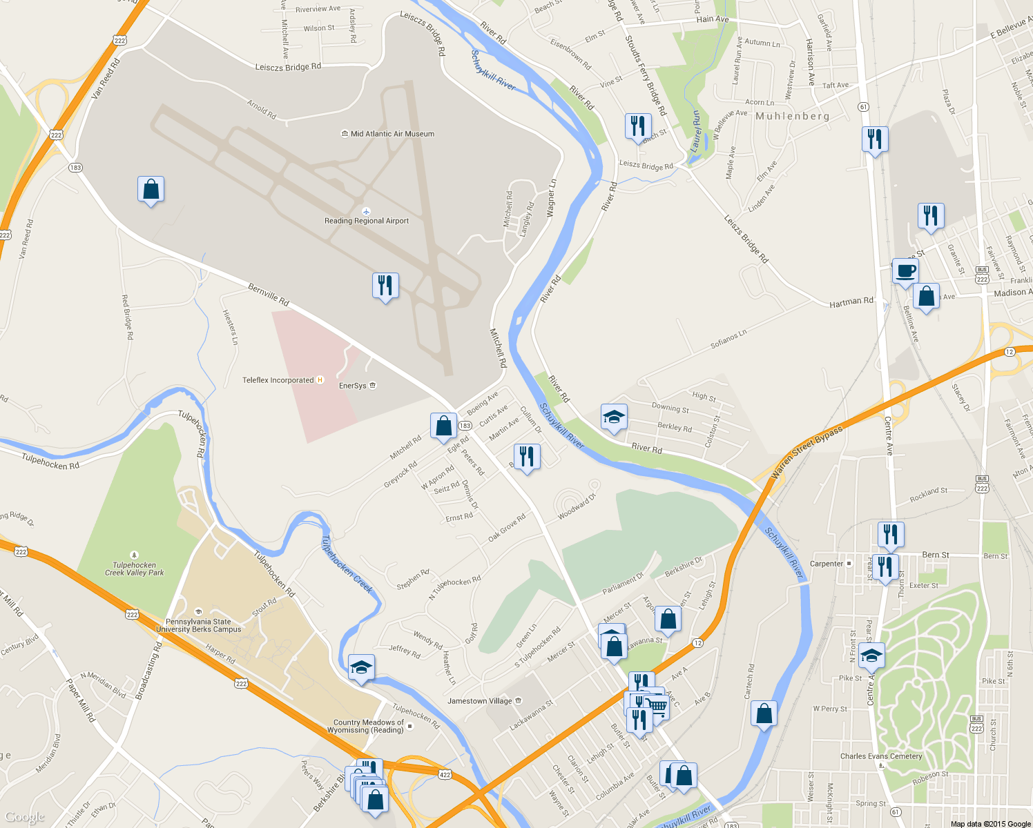map of restaurants, bars, coffee shops, grocery stores, and more near 521 Martin Avenue in Reading
