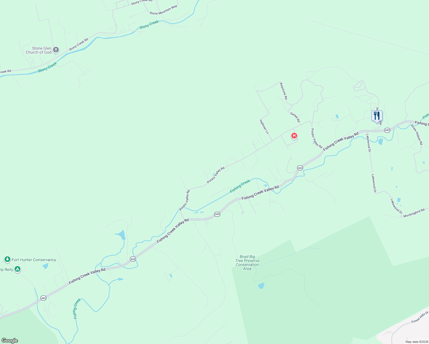 map of restaurants, bars, coffee shops, grocery stores, and more near 1440 Potato Valley Road in Harrisburg