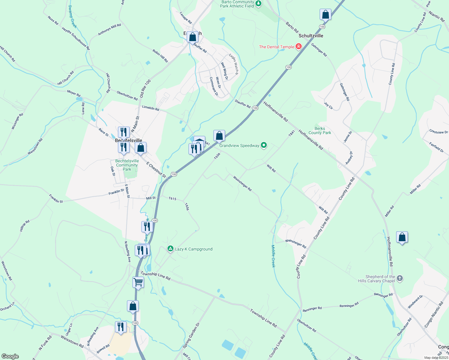 map of restaurants, bars, coffee shops, grocery stores, and more near 449 Weinsteiger Road in Bechtelsville