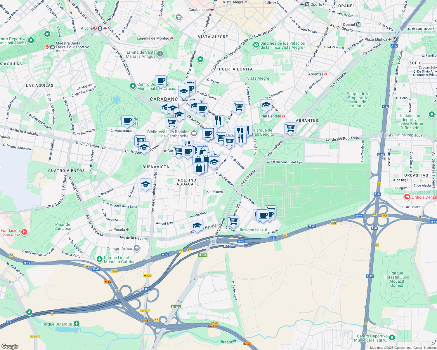 map of restaurants, bars, coffee shops, grocery stores, and more near 58 Calle del Aguacate in Madrid