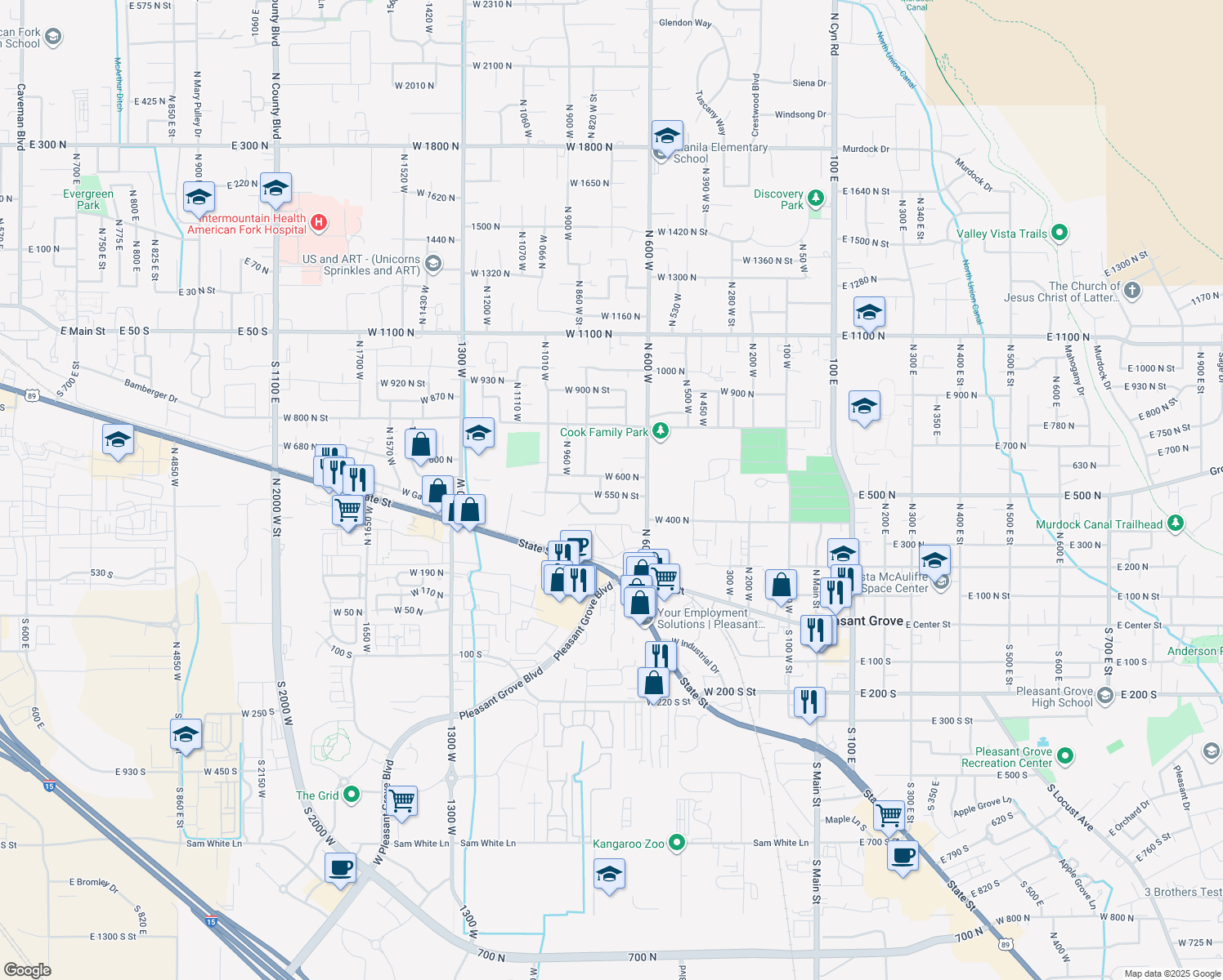 map of restaurants, bars, coffee shops, grocery stores, and more near 784 West 550 North Street in Pleasant Grove