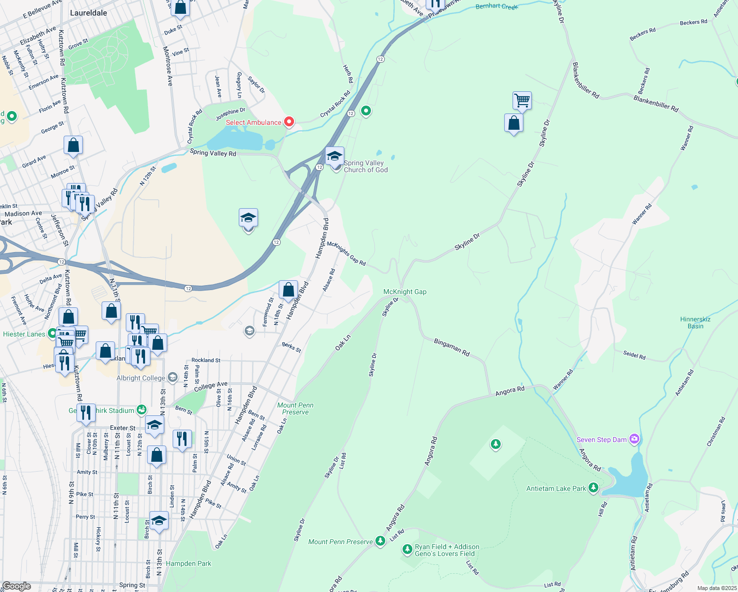 map of restaurants, bars, coffee shops, grocery stores, and more near 2026 Reservoir Road in Reading