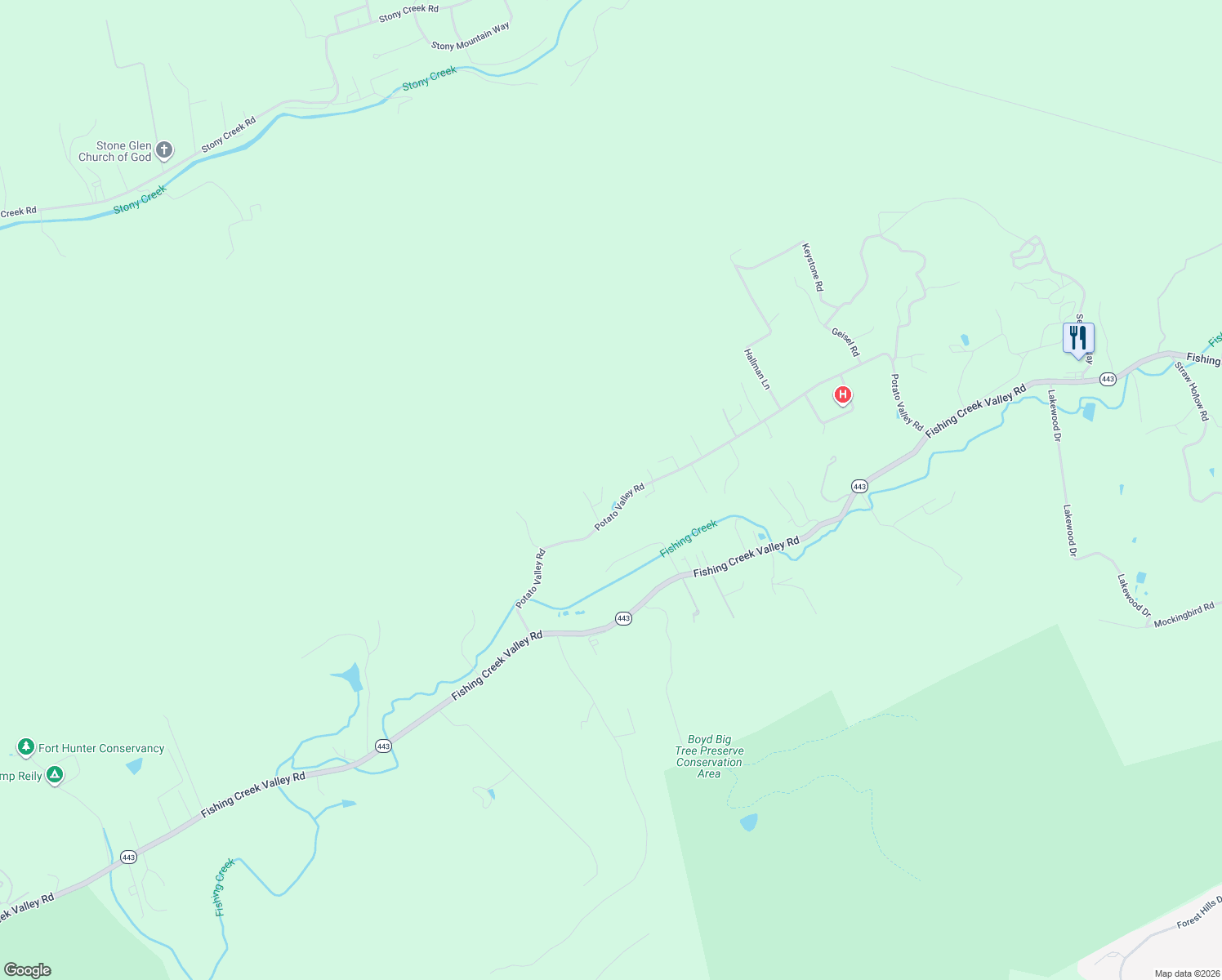 map of restaurants, bars, coffee shops, grocery stores, and more near 1440 Potato Valley Road in Harrisburg