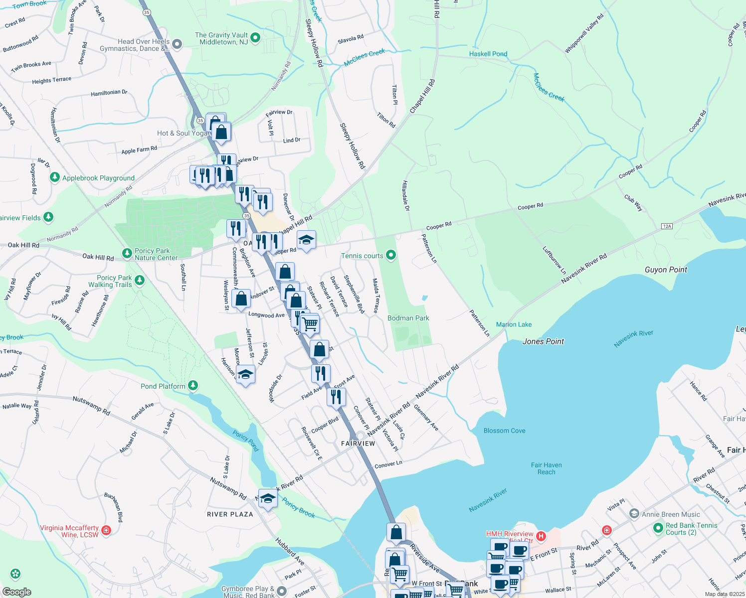 map of restaurants, bars, coffee shops, grocery stores, and more near 54 Maida Terrace in Red Bank