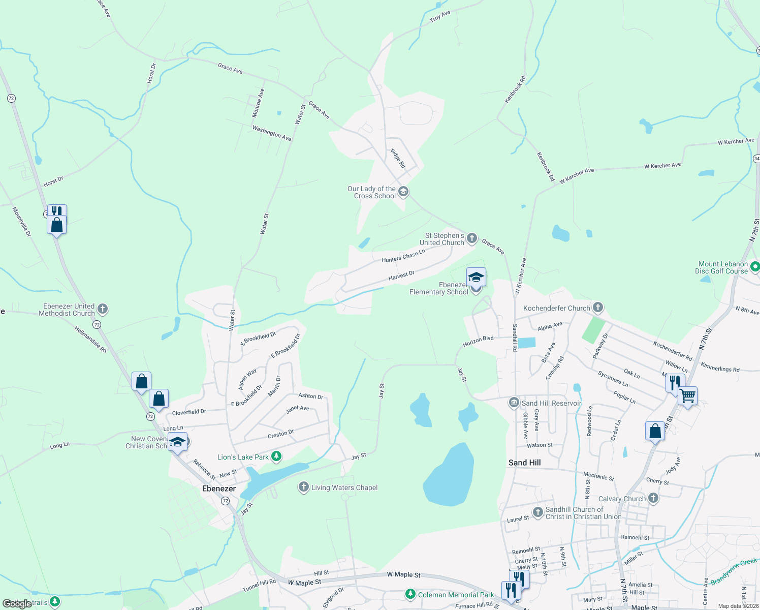 map of restaurants, bars, coffee shops, grocery stores, and more near 1152 Harvest Drive in Lebanon