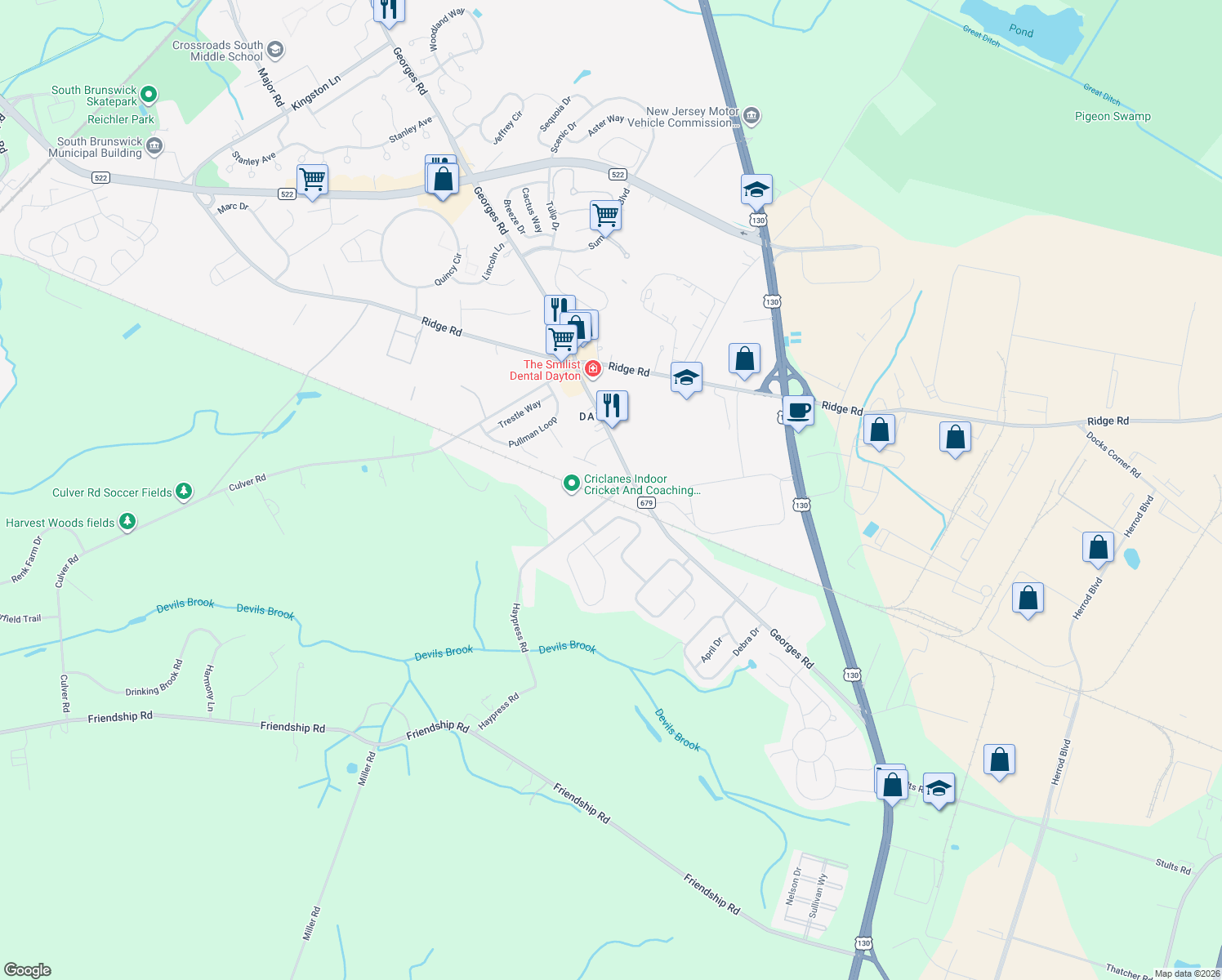 map of restaurants, bars, coffee shops, grocery stores, and more near 3 L'Amour Court in South Brunswick Township