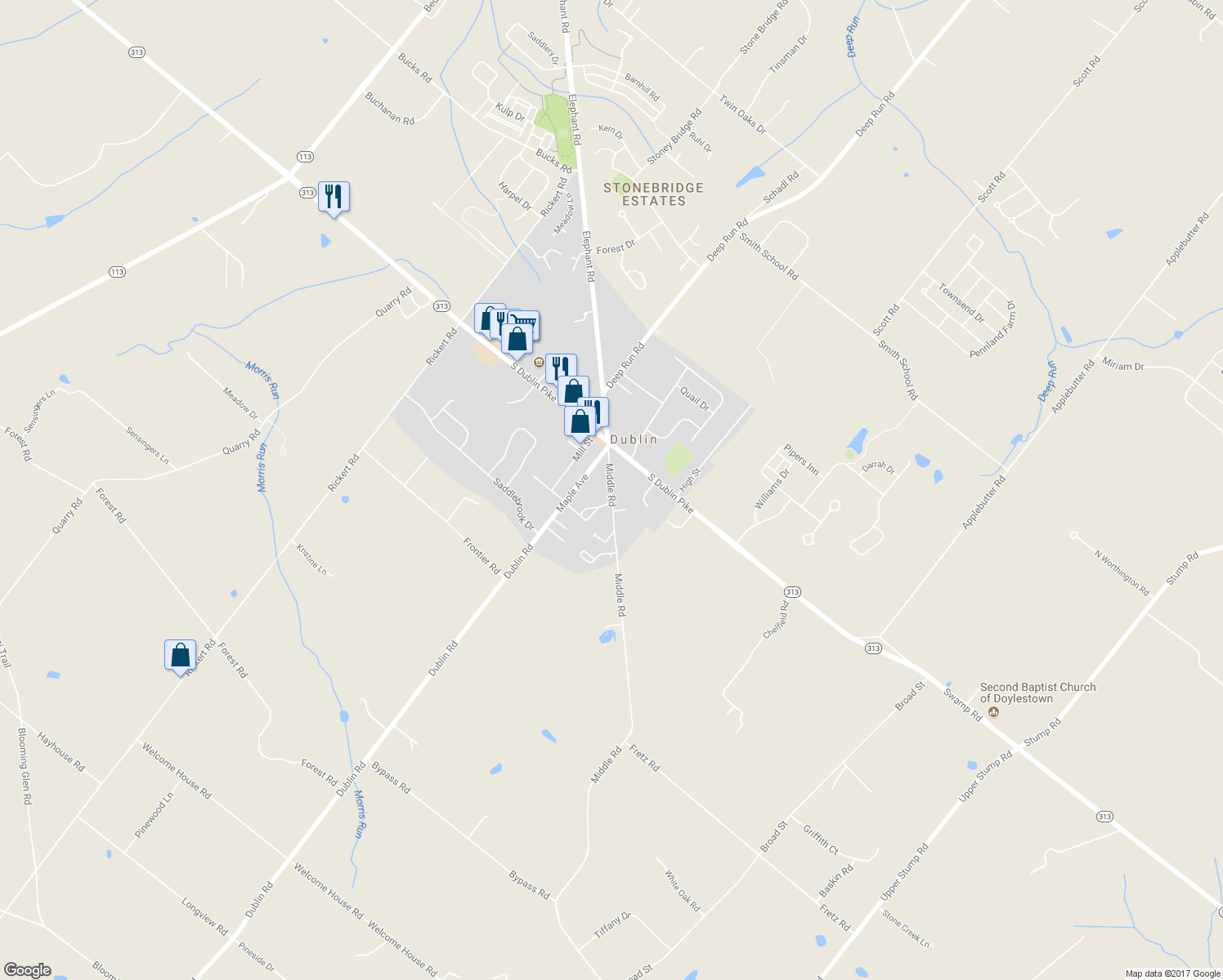map of restaurants, bars, coffee shops, grocery stores, and more near 125 Middle Road in Dublin