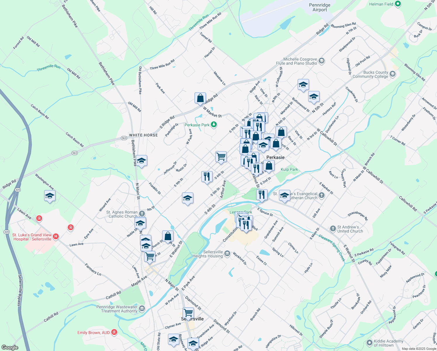 map of restaurants, bars, coffee shops, grocery stores, and more near 408 South 6th Street in Perkasie