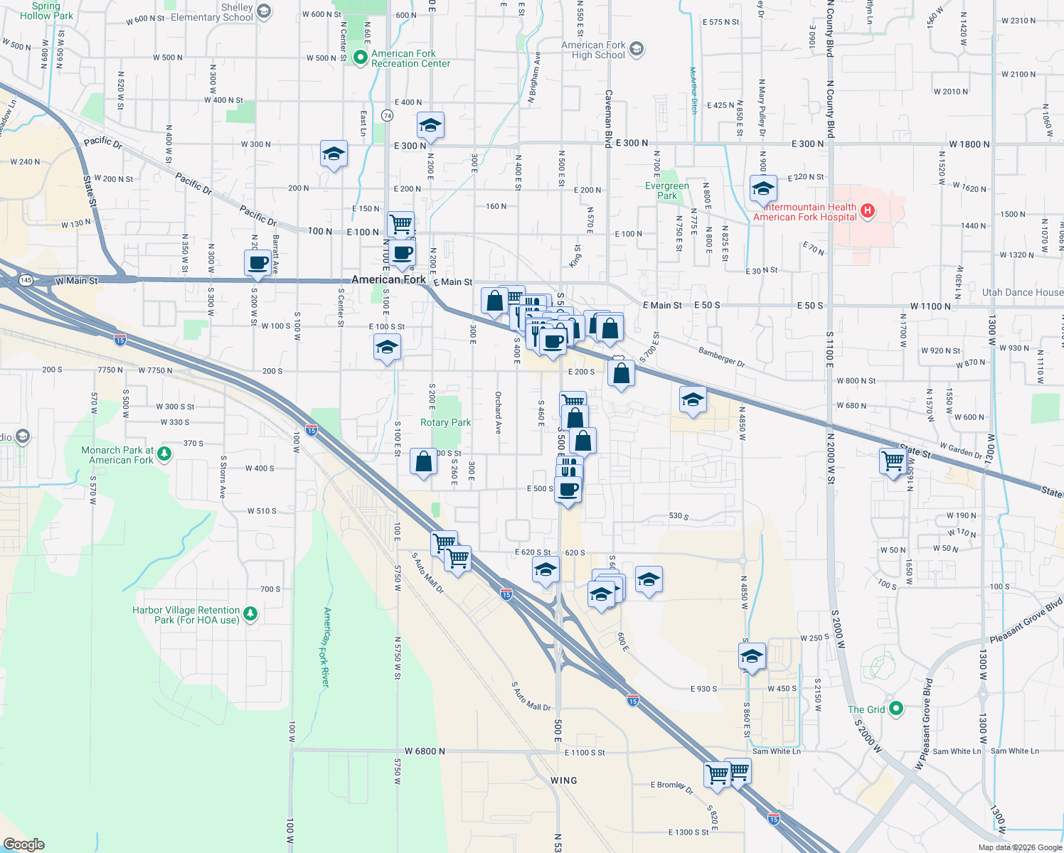 map of restaurants, bars, coffee shops, grocery stores, and more near 431 E 350 S in American Fork