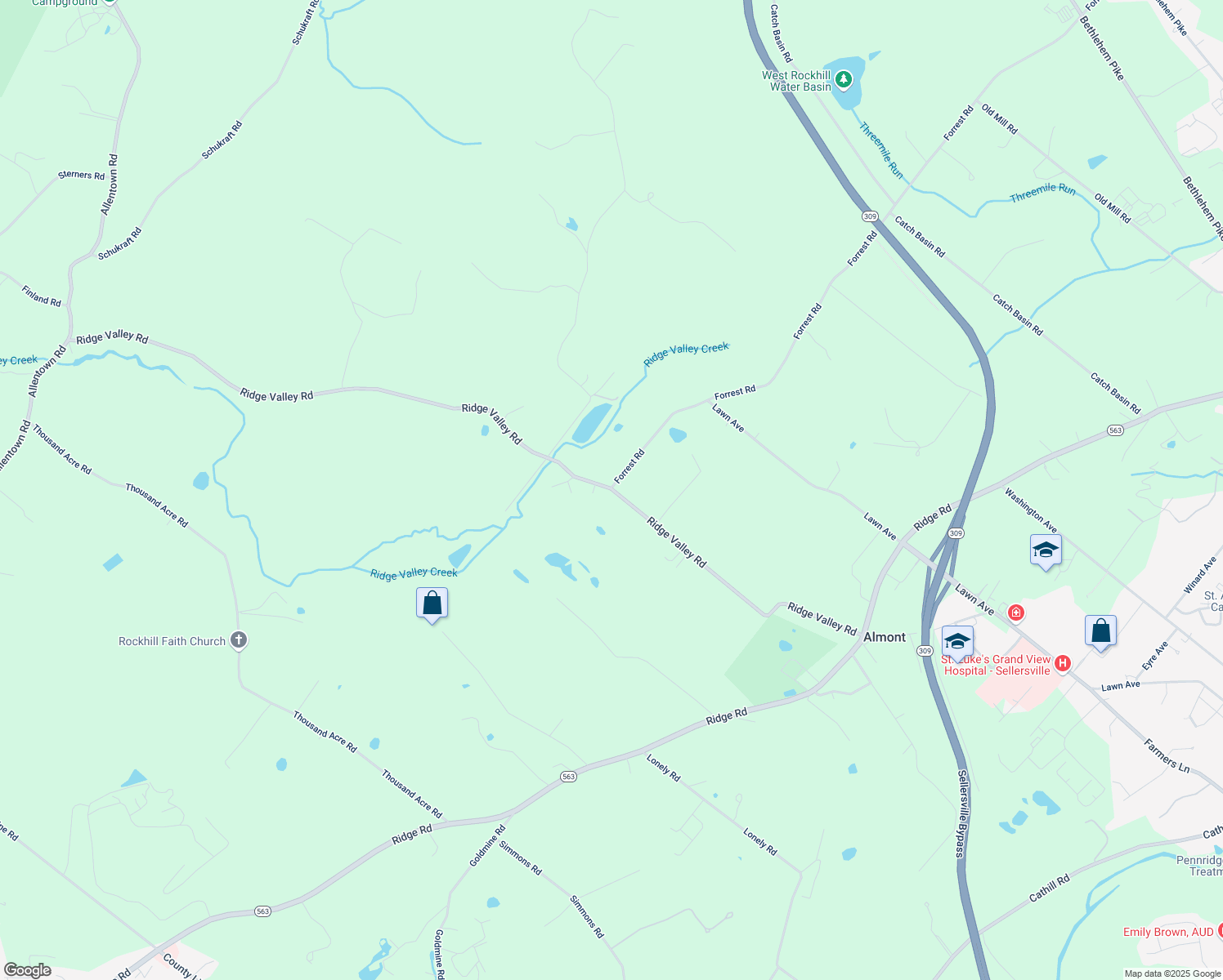map of restaurants, bars, coffee shops, grocery stores, and more near 510 Ridge Valley Road in Sellersville