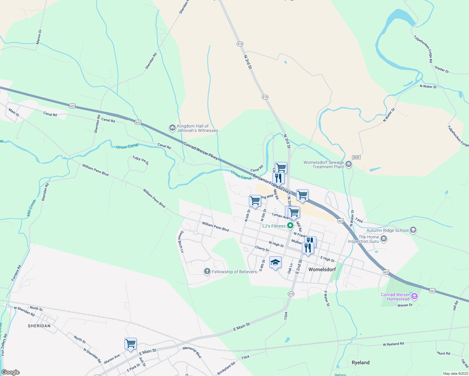 map of restaurants, bars, coffee shops, grocery stores, and more near 4 Tulpehocken Court in Womelsdorf
