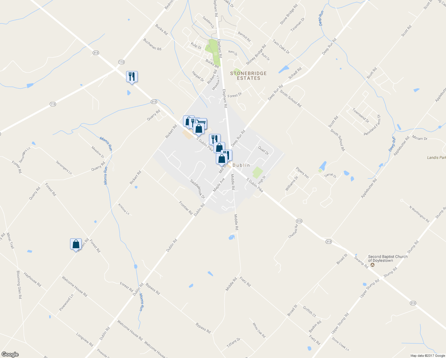 map of restaurants, bars, coffee shops, grocery stores, and more near 121 Maple Avenue in Dublin