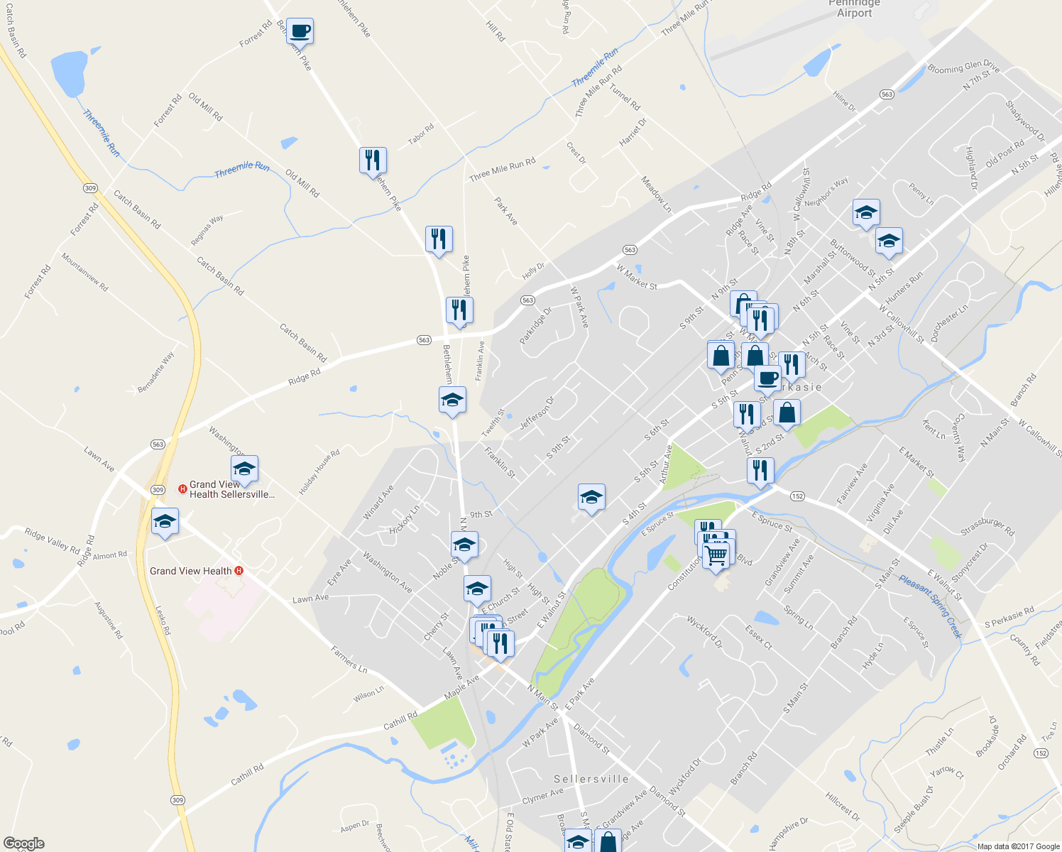 map of restaurants, bars, coffee shops, grocery stores, and more near 712 Lexington Way in Perkasie