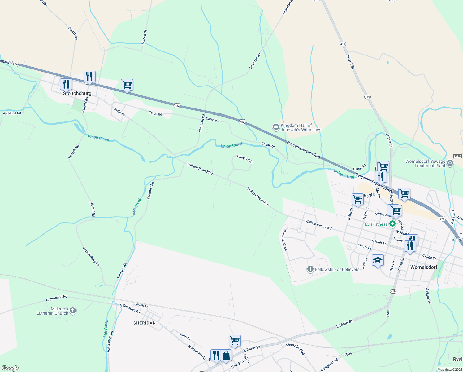 map of restaurants, bars, coffee shops, grocery stores, and more near 986 William Penn Boulevard in Womelsdorf