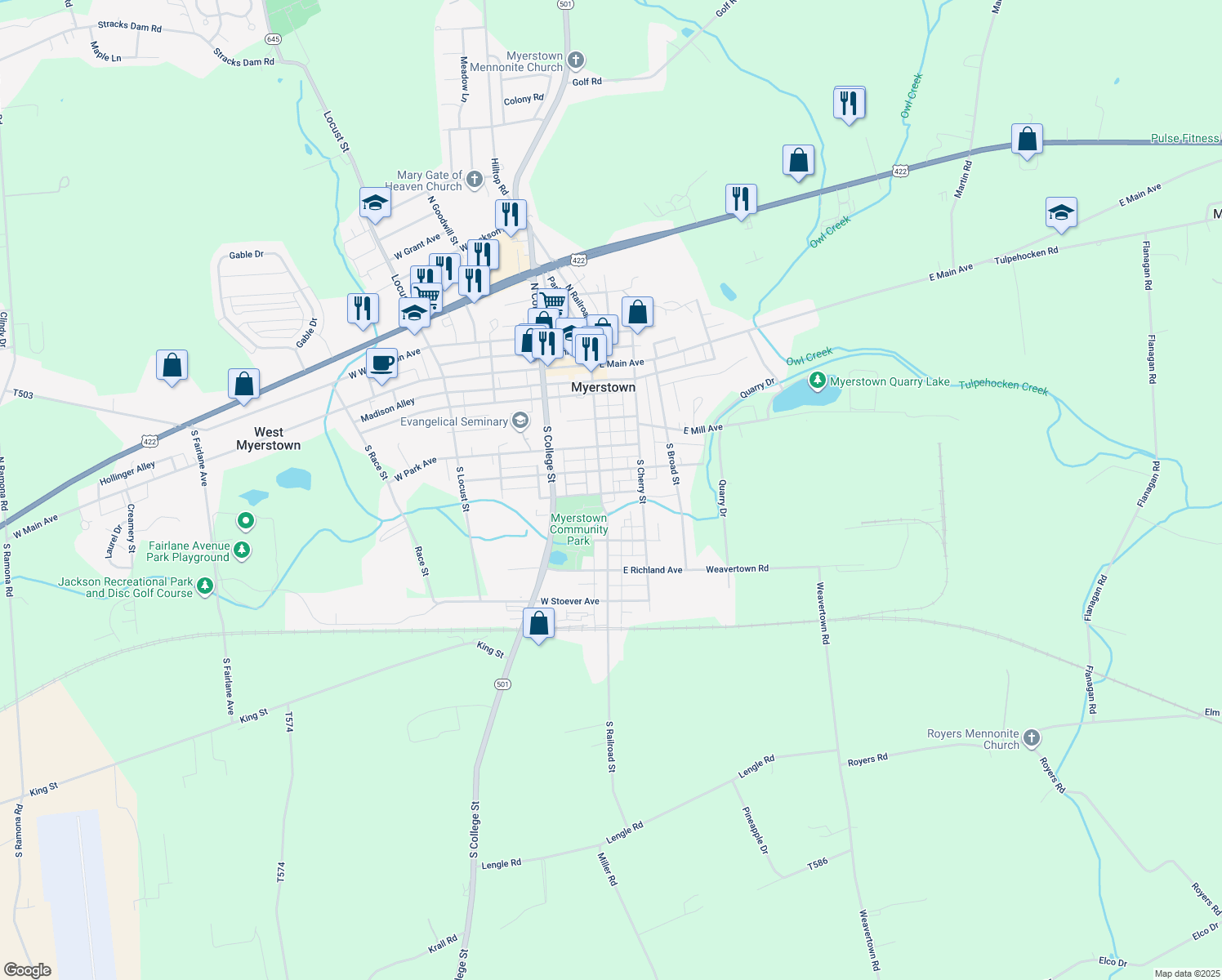 map of restaurants, bars, coffee shops, grocery stores, and more near 1 East Center Avenue in Myerstown