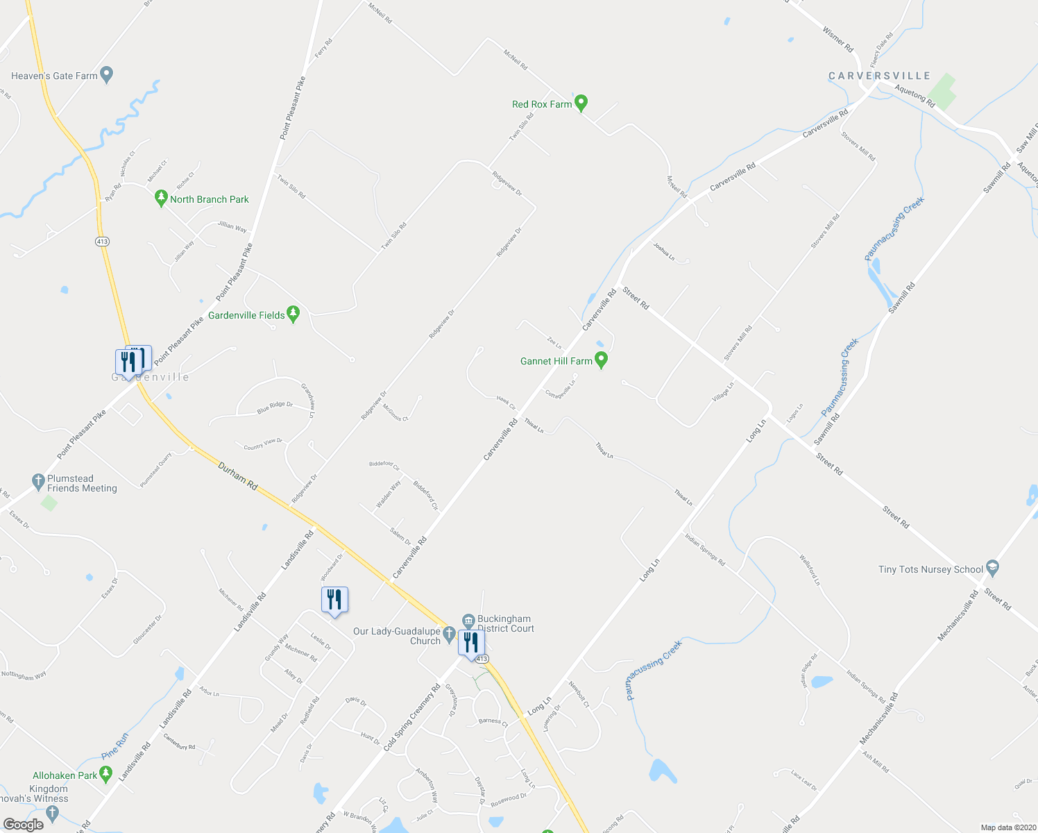 map of restaurants, bars, coffee shops, grocery stores, and more near 5633 Carversville Road in Doylestown