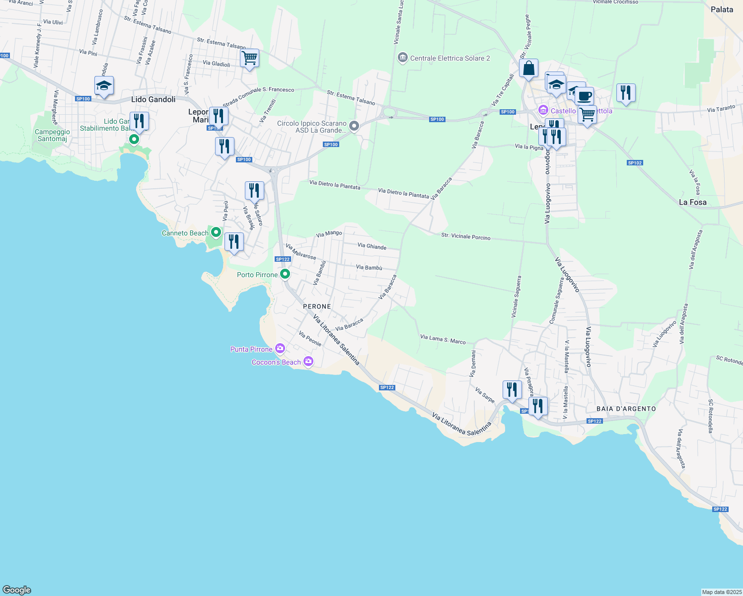 map of restaurants, bars, coffee shops, grocery stores, and more near Via Corbezzoli in Leporano Marina