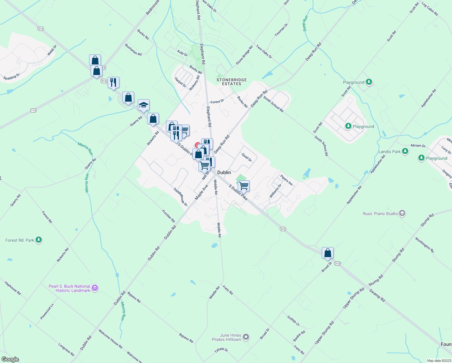 map of restaurants, bars, coffee shops, grocery stores, and more near 123 South Main Street in Dublin