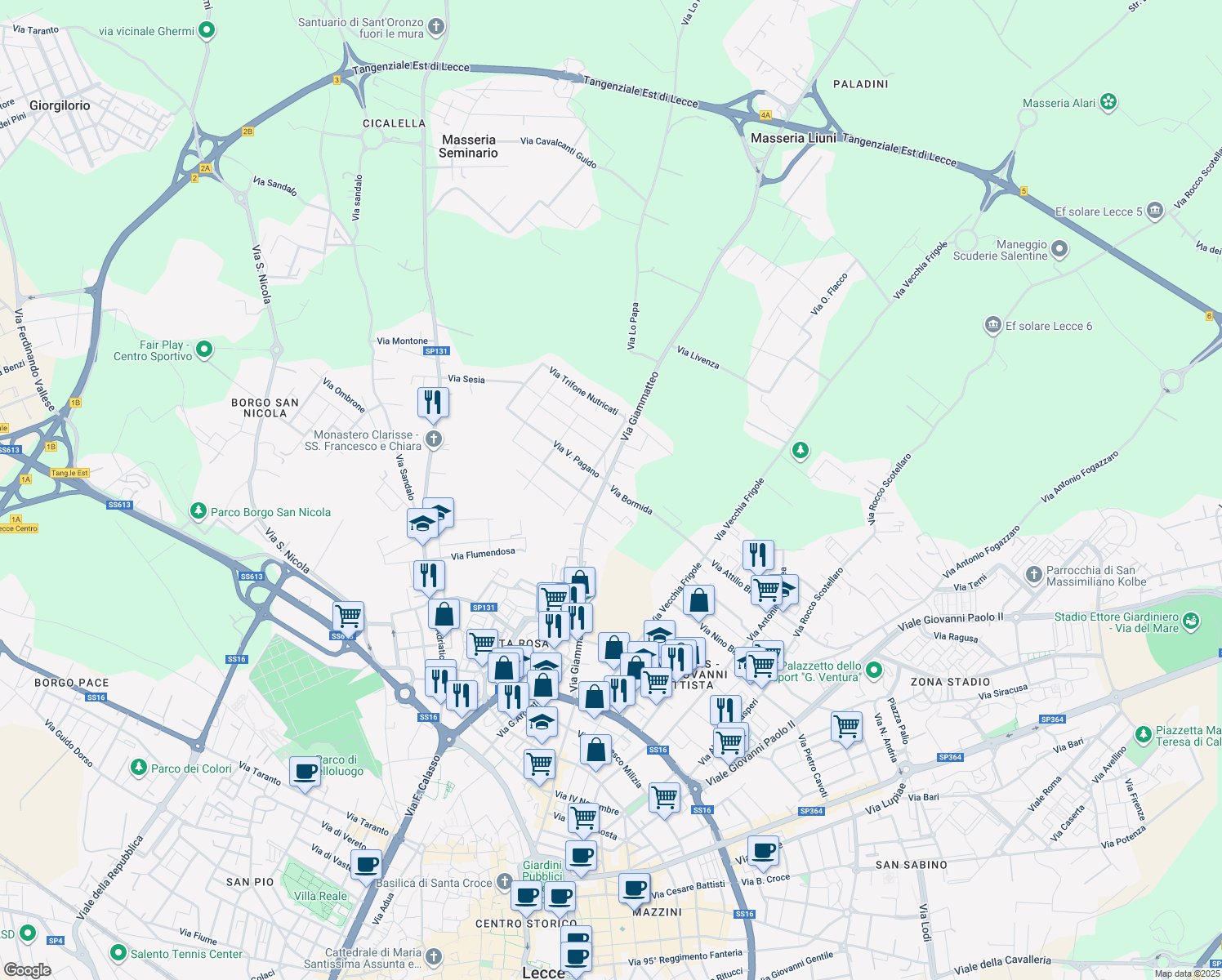 map of restaurants, bars, coffee shops, grocery stores, and more near 4 Via Bormida in Lecce