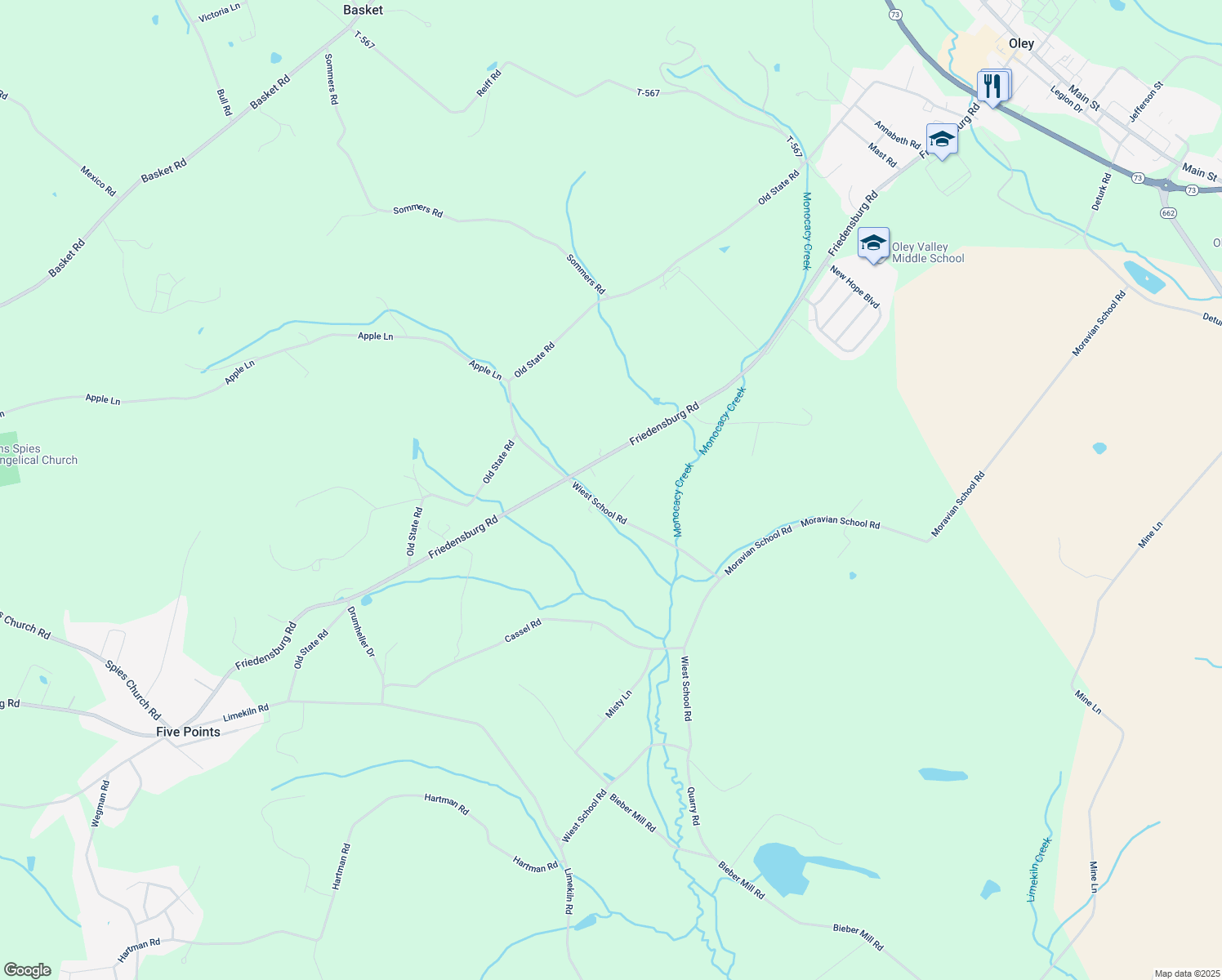 map of restaurants, bars, coffee shops, grocery stores, and more near 32 School Lane in Reading