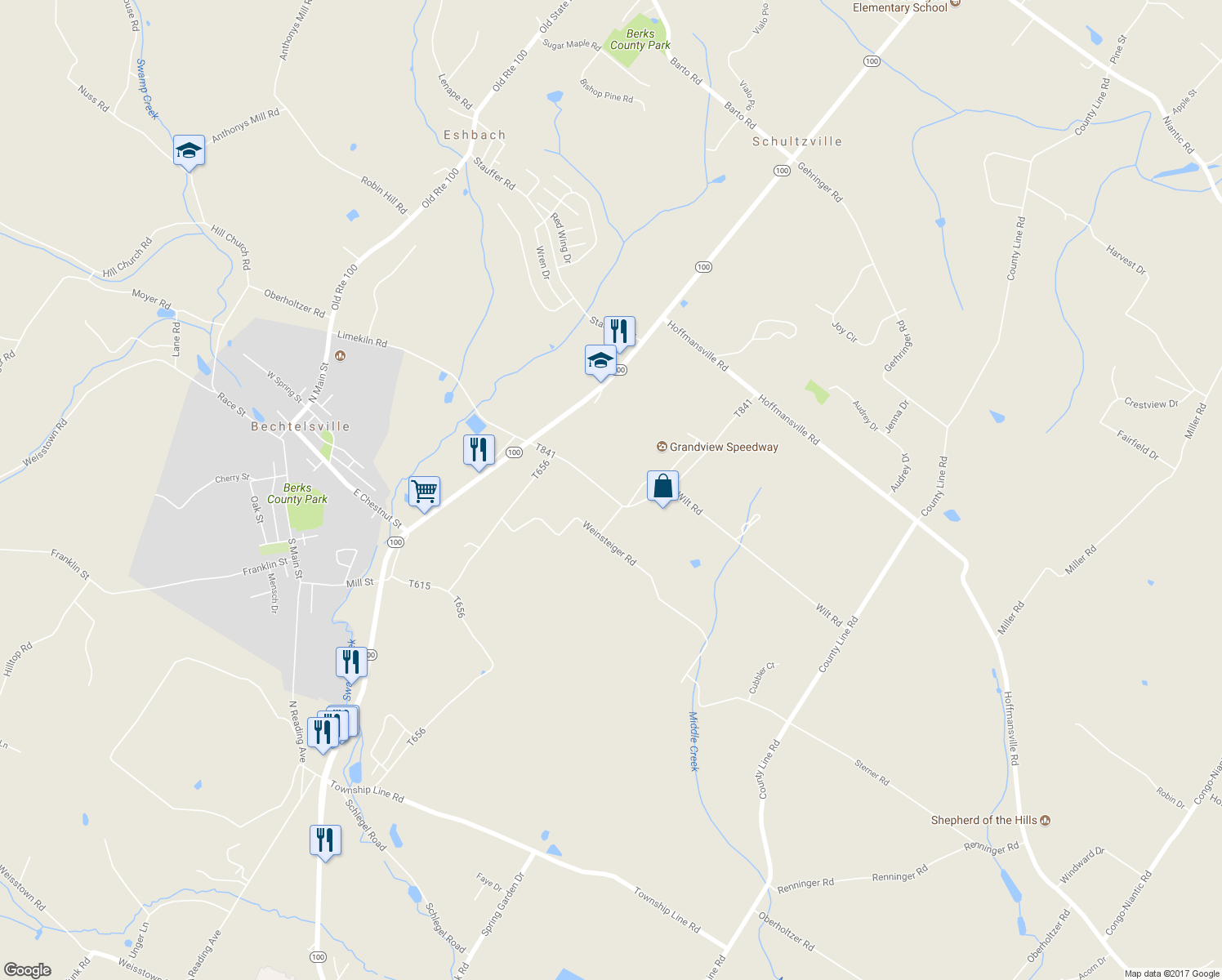 map of restaurants, bars, coffee shops, grocery stores, and more near 121 Passmore Road in Bechtelsville