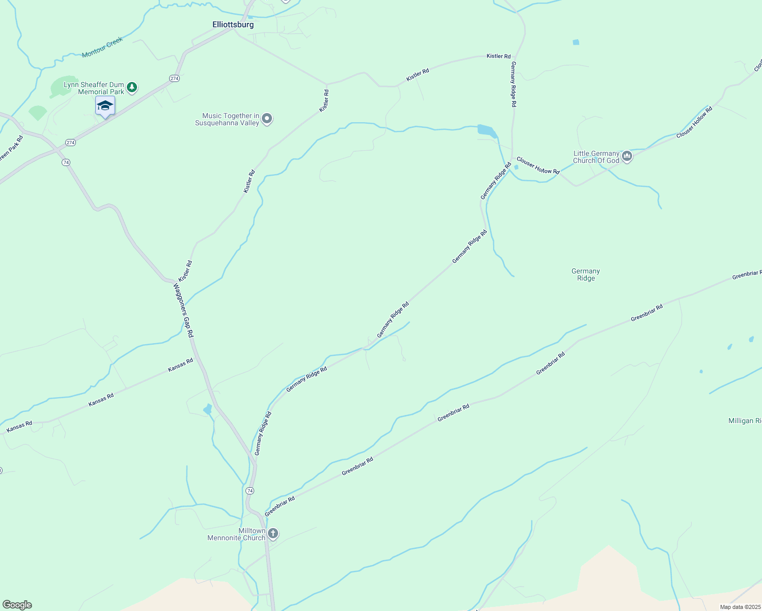 map of restaurants, bars, coffee shops, grocery stores, and more near 328 Germany Ridge Road in Elliottsburg