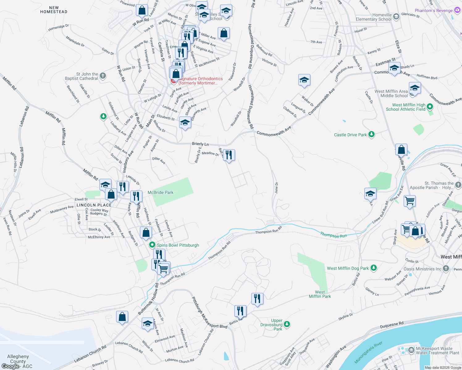 map of restaurants, bars, coffee shops, grocery stores, and more near 5020 Ball Avenue in West Mifflin