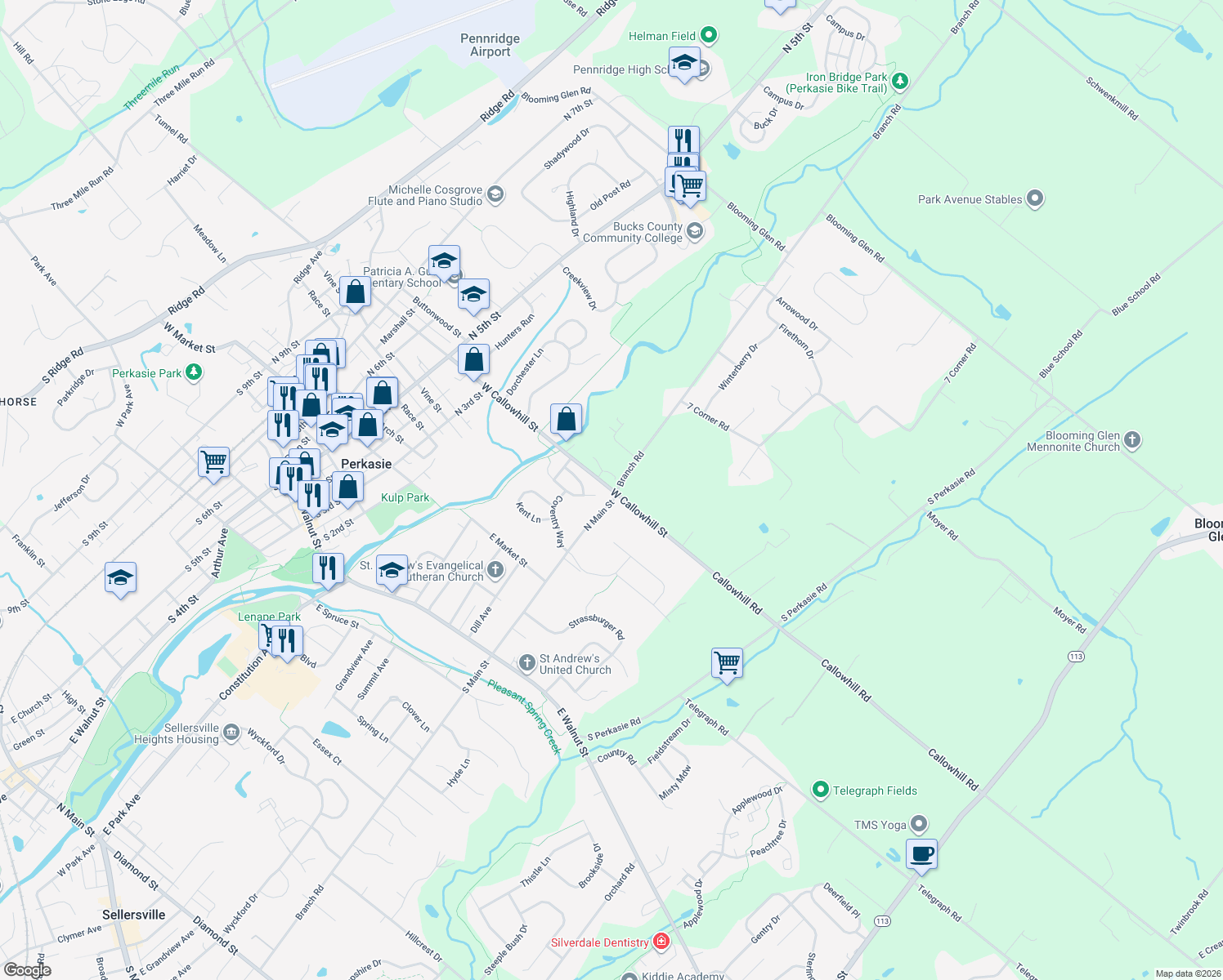 map of restaurants, bars, coffee shops, grocery stores, and more near 114 West Callowhill Street in Perkasie