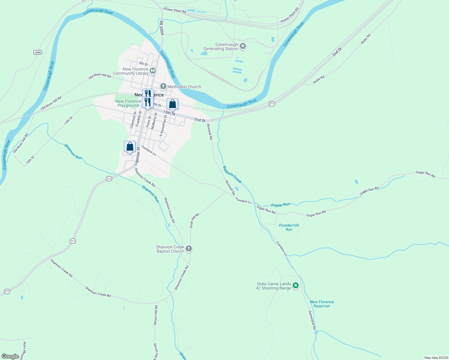 map of restaurants, bars, coffee shops, grocery stores, and more near 129 Boswell Rd in New Florence